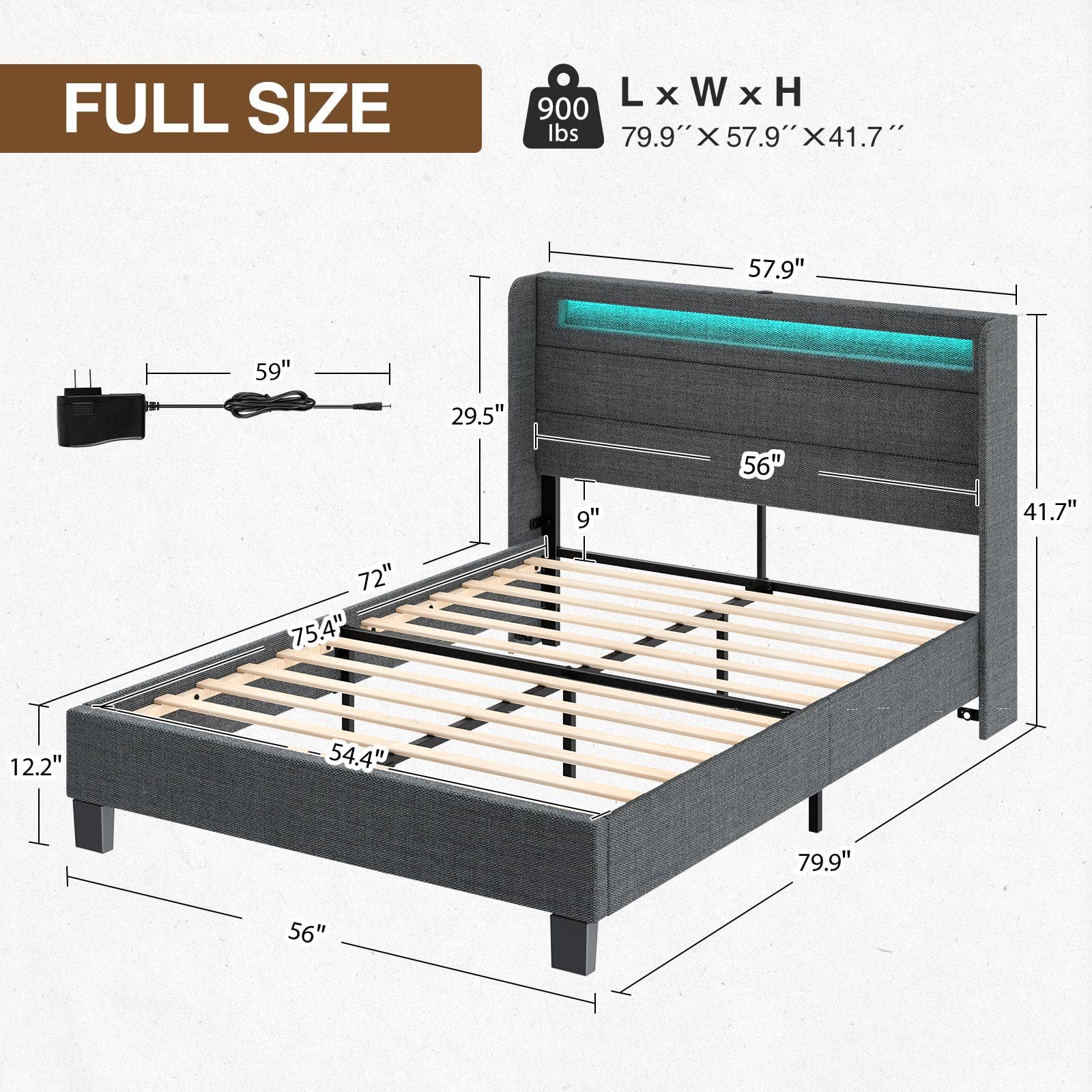**Rolanstar Full Size LED Bed Frame with USB Charging Station & Motion-Activated Night Light - Upholstered Platform Bed with Wood Slats, Dark Grey - Modern Bedroom Furniture for Small Spaces & Guest Rooms**