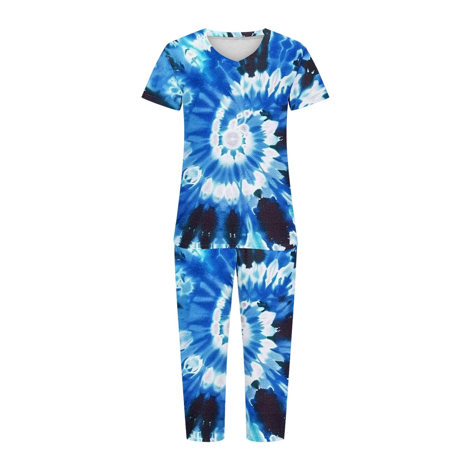 Women's Boho Lounge Sets - Tie Dye Short Sleeve Sleepshirt & Capri Pants 2-Piece Pajama Set with Pockets | Comfortable Sleepwear for Relaxing at Home, Travel & Lounging