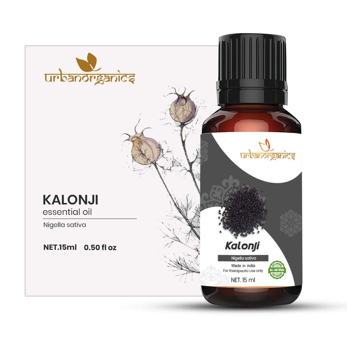 100% Pure & Natural Urbanorganics Kalonji Essential Oil (15ml) - Cold Pressed Black Seed Oil for Face, Skin & Hair Care - Perfect for Aromatherapy, Massage & DIY Beauty Products