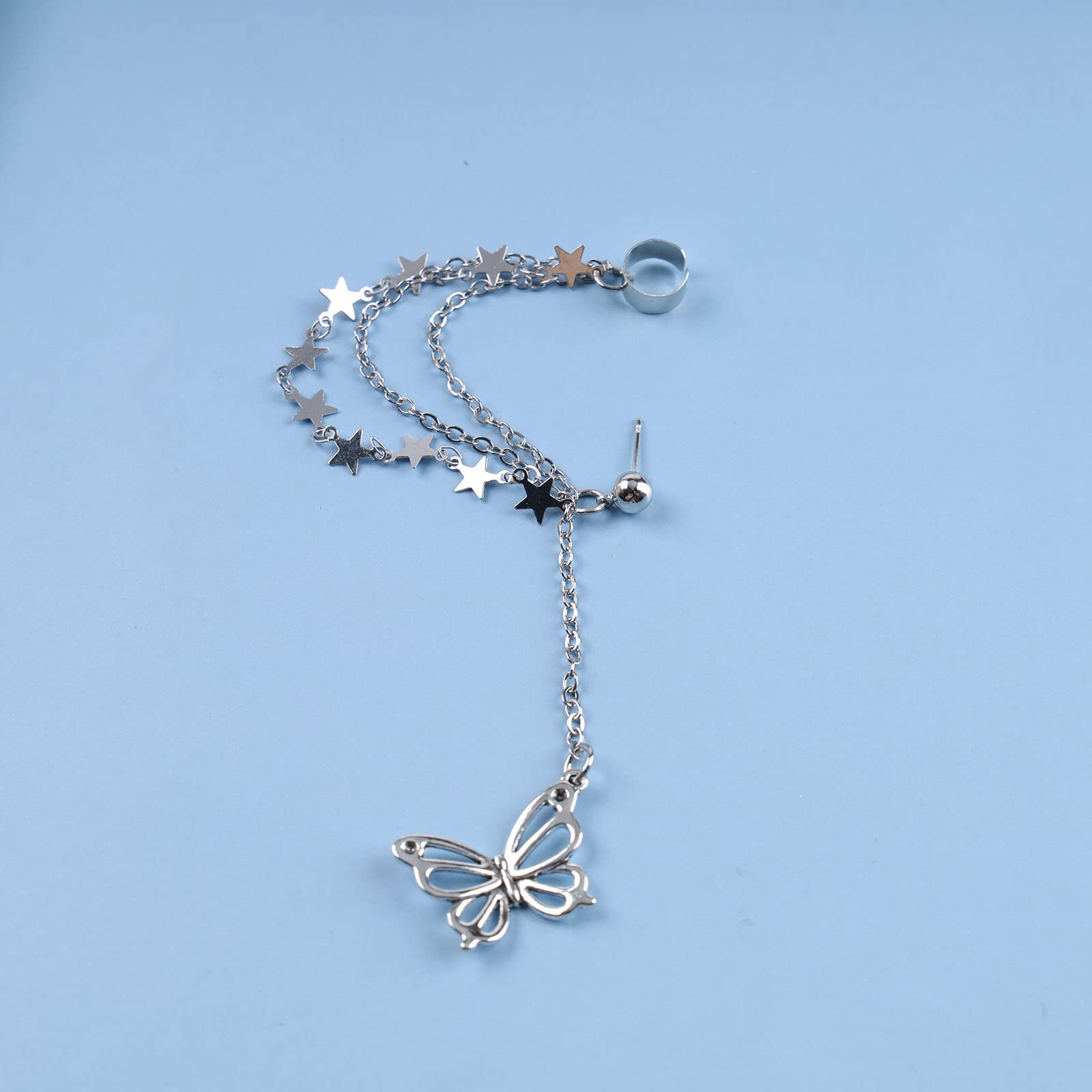 Bohemian Butterfly Drop Earrings for Women - Silver Hollow Dangle Earrings with Star Chain & Tassel Details | Cartilage Cuff, Stud Earrings | Perfect for Parties, Weddings & Boho Fashion Accessories