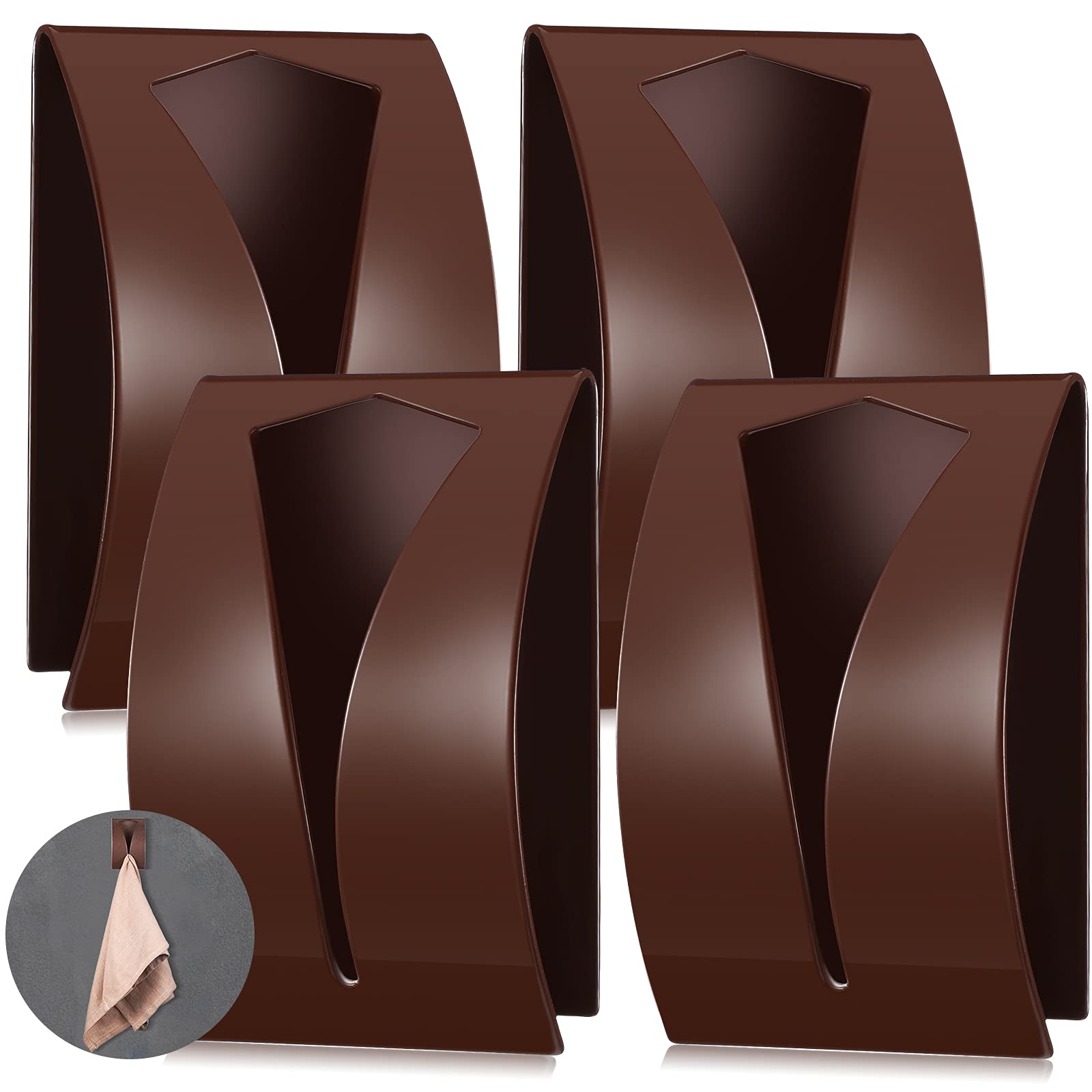 4 Pack Self Adhesive Stainless Steel Towel Hooks - No Drill Wall Mount Hangers for Kitchen, Bathroom & Home Organization - Strong Hold for Dish Towels, Hand Towels & Tea Towels (Brown) - Perfect for Small Spaces, Apartments and Rental Homes