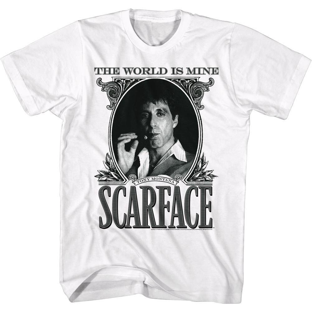 Scarface The World is Yours Crime Movie T-Shirt - Al Pacino Tony Montana Graphic Tee - White Cotton Adult T-Shirt for Movie Fans & Gangster Style Lovers - Perfect for Cosplay, Halloween & Streetwear Fashion