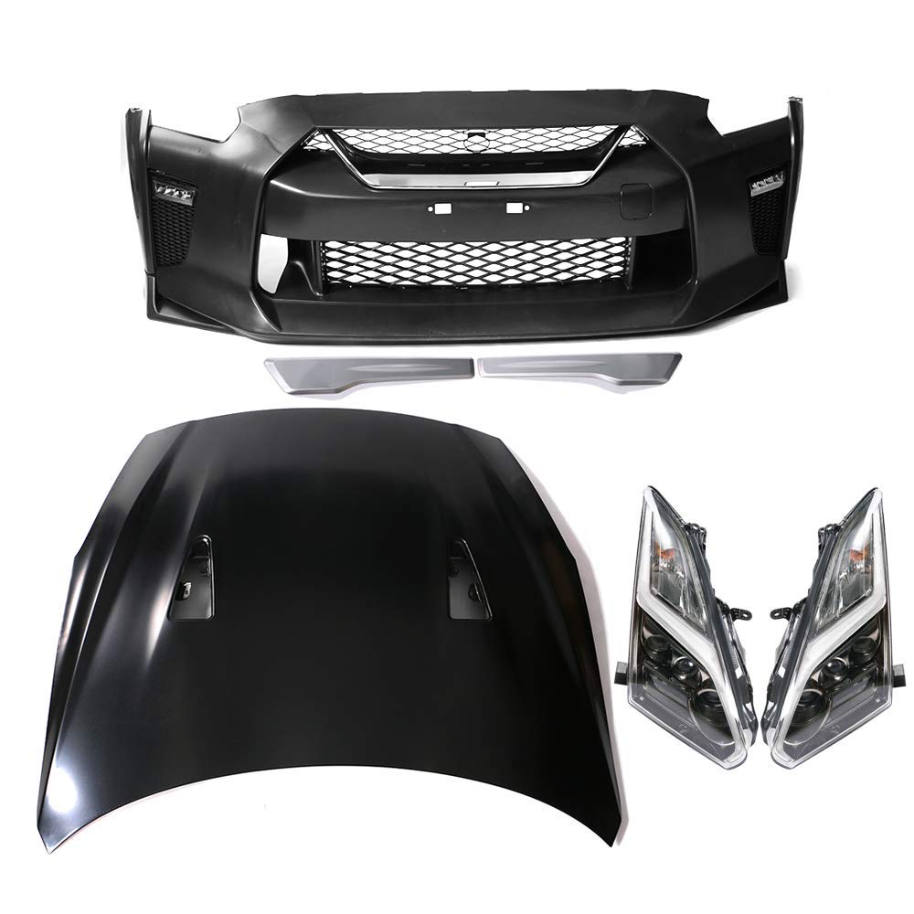 IKON MOTORSPORTS Front Bumper Cover & Headlights for 2009-2022 Nissan GT-R R35 - Factory Style Replacement Bumper & Conversion Headlamps | Perfect for Performance Upgrades & Car Restoration Projects