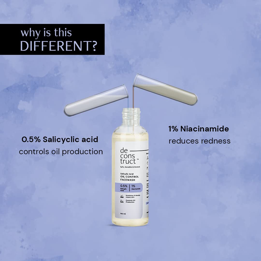 Deconstruct Salicylic Acid Oil Control Face Wash - 0.5% Salicylic Acid & 1% Niacinamide for Oily, Acne-Prone Skin | Gentle Acne Treatment & Oil Balancing Cleanser (100ml) | Perfect for Daily Skincare Routine & Breakout Prevention