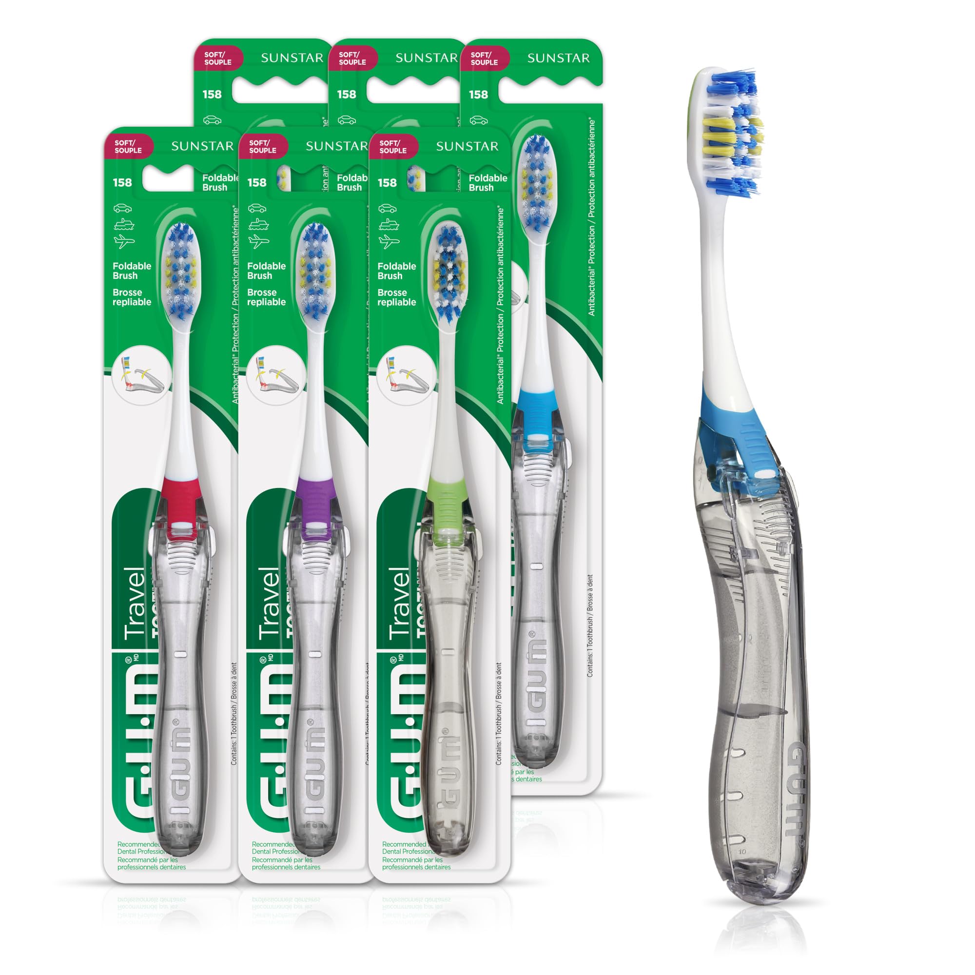GUM Folding Travel Toothbrush with Tongue Cleaner - Compact Soft Bristle Toothbrush for Adults - Portable Dental Care for Camping, Gym & Airplane Travel (6-Pack)