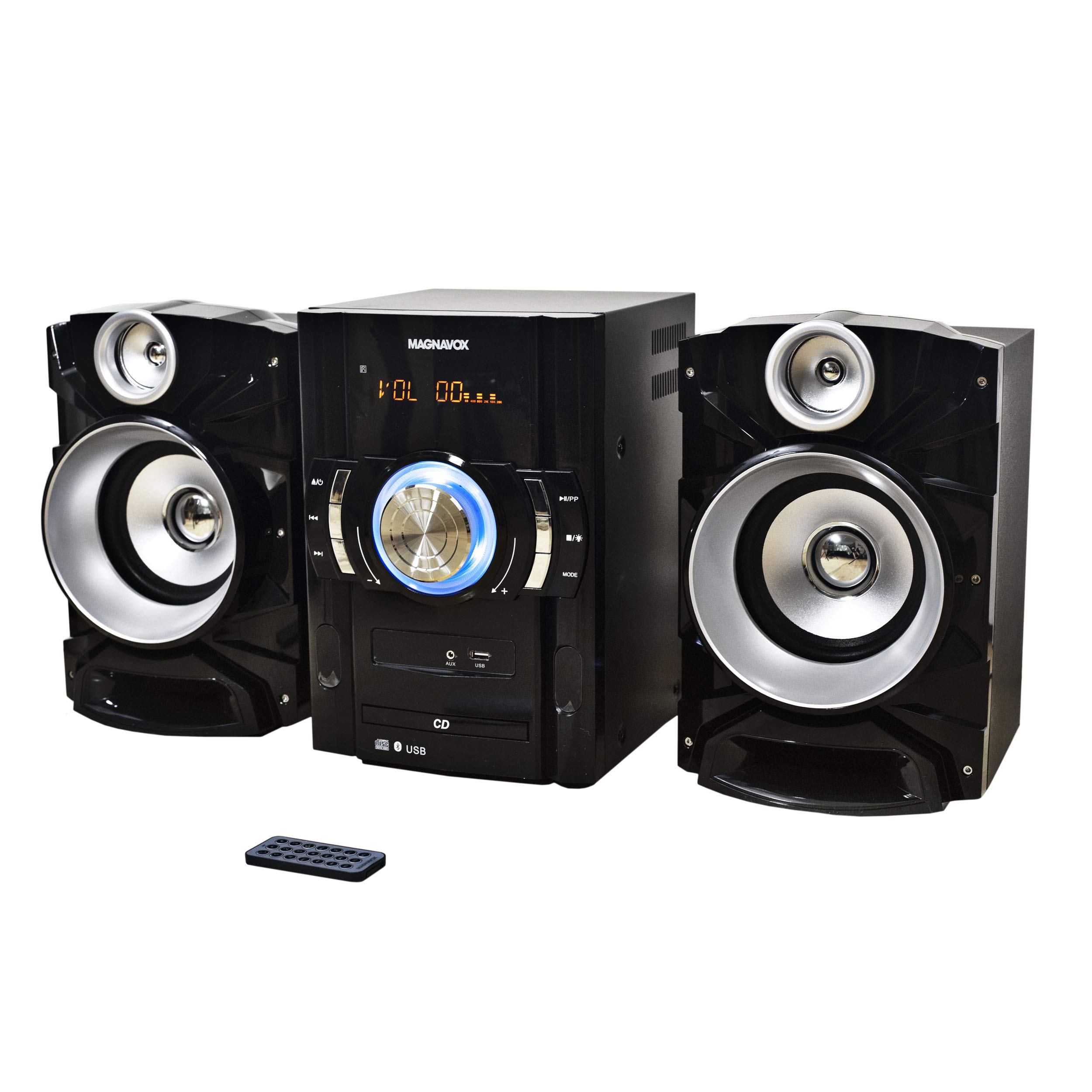 Magnavox MM440 3-Piece Bluetooth CD Shelf System with Digital FM Stereo Radio, Remote Control & LED Display - Black with Blue Lights | Home Theater, Bedroom Music Player, Office Entertainment System | AUX Port Compatible