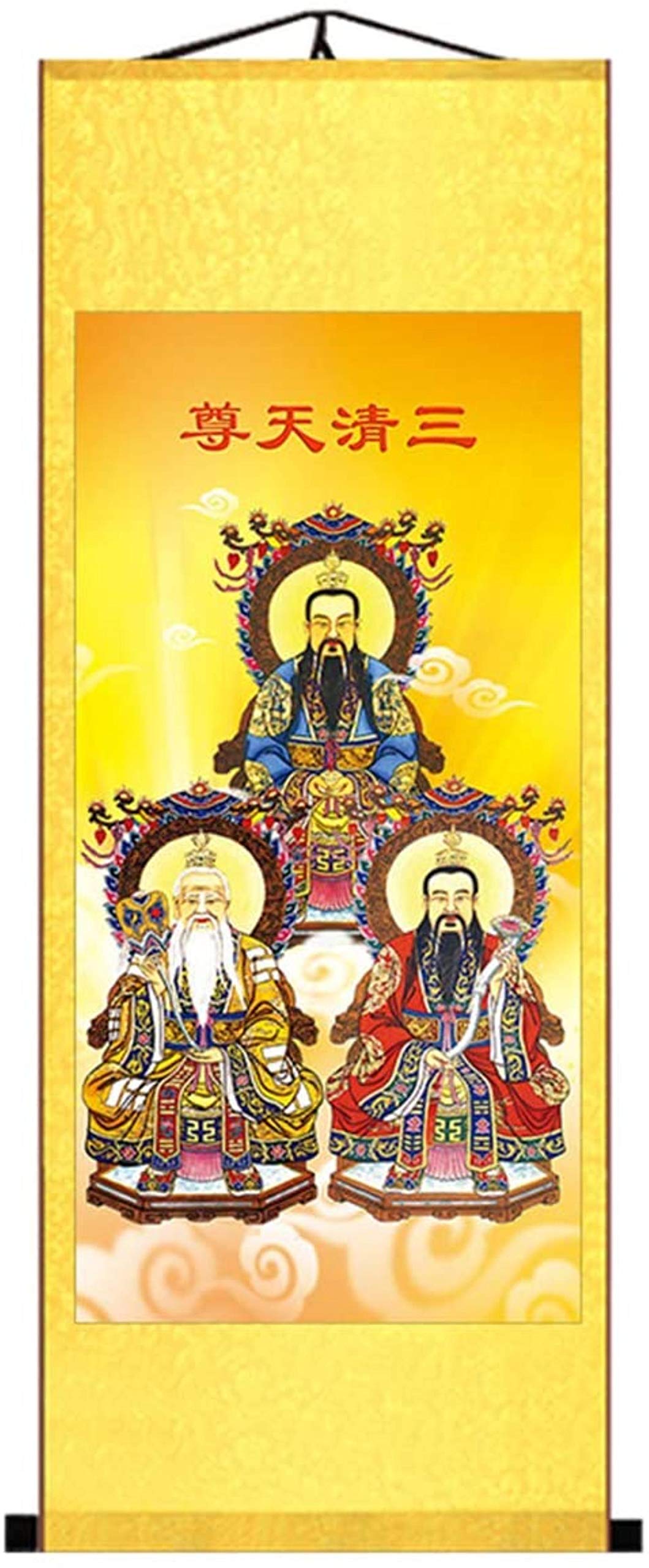 Authentic Chinese Taoist Landscape Scroll Painting - Handmade Silk Wall Art with Triple Purity Design, 12×31 Inch - Perfect for Home Decor, Meditation Rooms & Asian-Themed Interiors