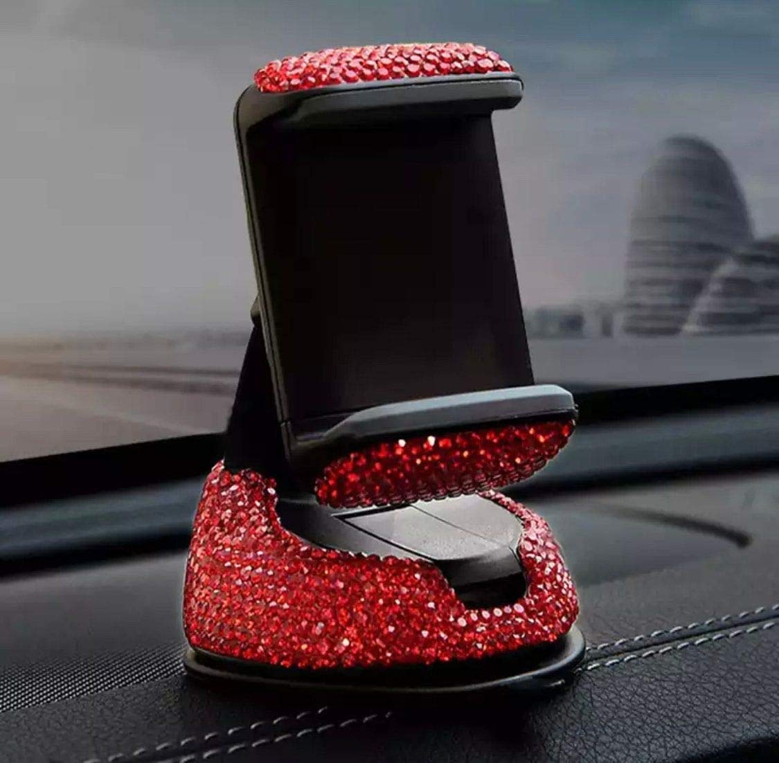 SUNCARACCL Bling Car Phone Holder - 360° Adjustable Crystal Auto Phone Mount, Universal Rhinestone Car Stand for iPhone Samsung - Windshield Dashboard & Air Vent Accessories (Red) - Perfect for Commuting, Road Trips & GPS Navigation