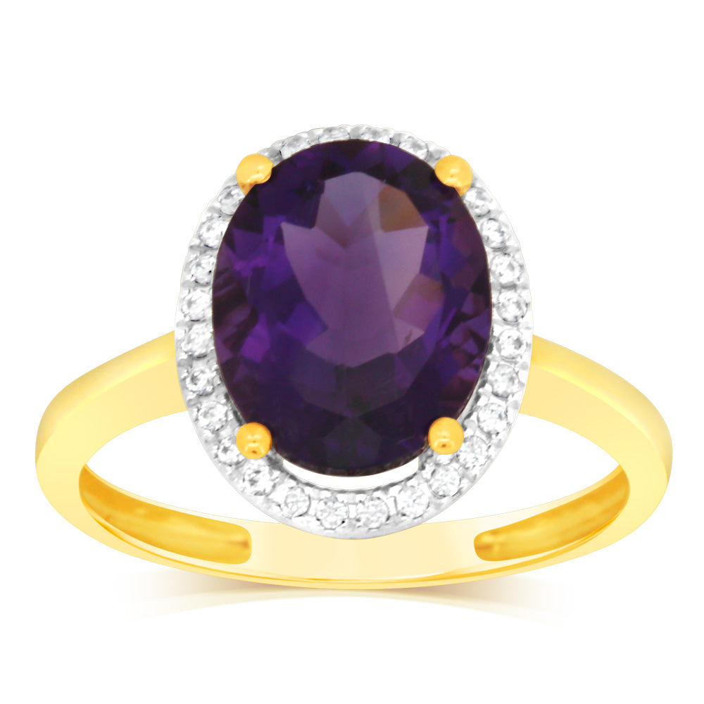 9ct Yellow Gold 2.5 Carat Amethyst & 28 Cubic Zirconia Ring for Women - Elegant Purple Gemstone Jewelry for Engagement, Anniversary & Special Occasions