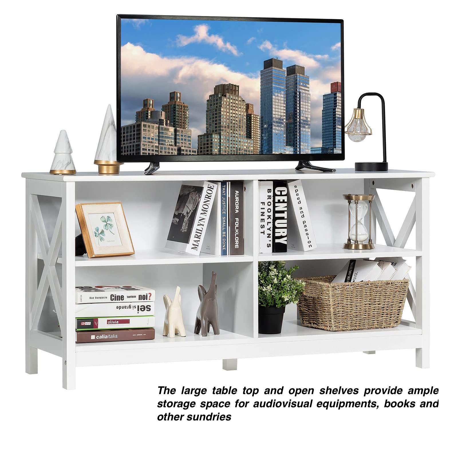 White TV Stand Entertainment Center with 4 Open Shelves - Holds DVD Player, Gaming Console, Cable Box, Books & Plants - Wire Management Holes & Large Tabletop Fits 55