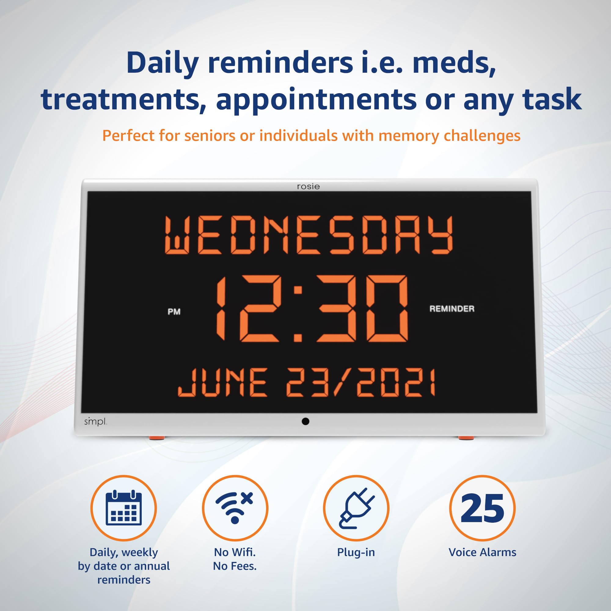 Simpl Rosie Reminder Large Display Talking Alarm Clock – 25 Custom Voice Alerts, Dementia & Alzheimer’s Friendly Senior Clock, Voice Activated, Easy-to-Use, 100ft Range (Rosie 2) – Perfect for Bedrooms, Nursing Homes & Memory Care Facilities