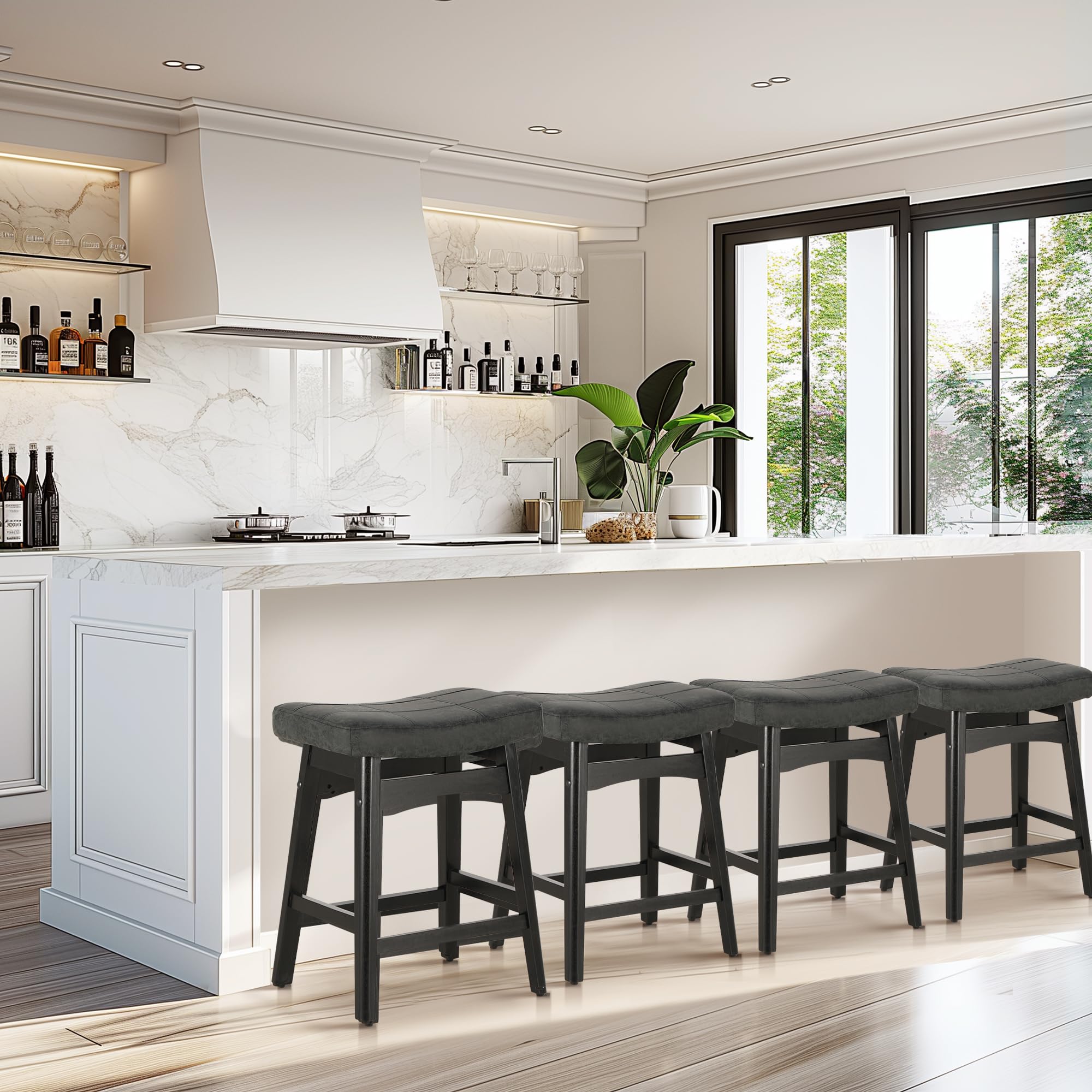 MAISON ARTS Black Counter Height Bar Stools Set of 4 - Solid Wood Legs with Faux Leather Saddle Seat - Farmhouse Style Kitchen Island Stools for 34