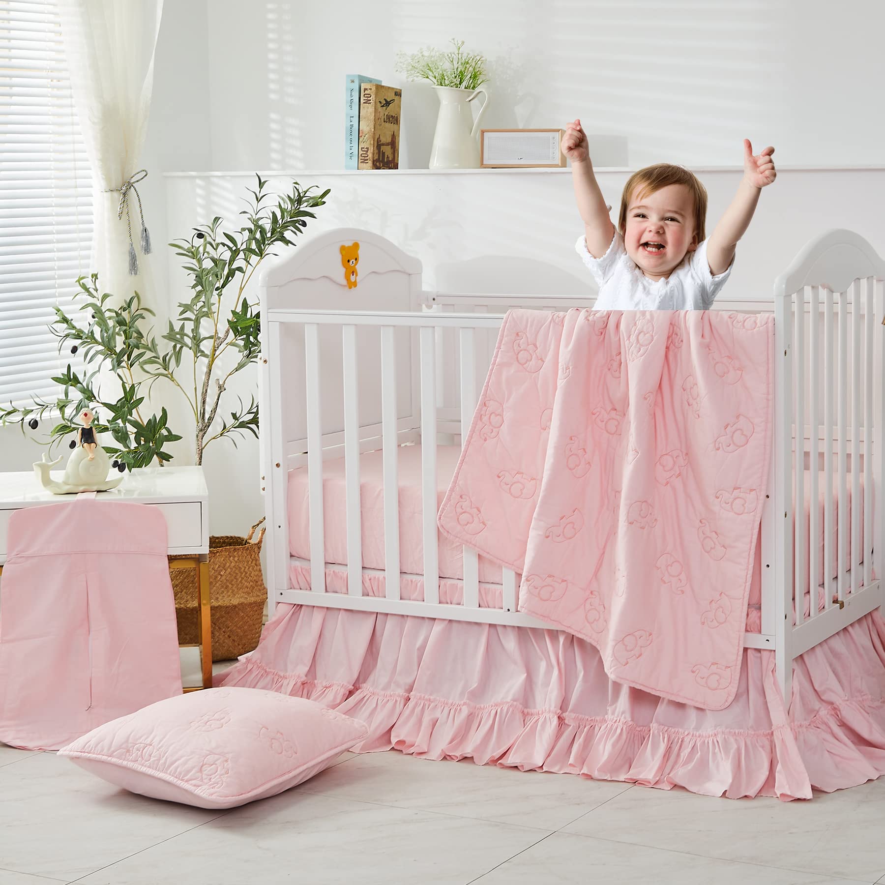 Brandream Girls Nursery Bedding Set - 3 Piece Embroidered Elephant Crib Set, Chic Sweet Pink Farmhouse Style, 100% Cotton Baby Quilt - Perfect for Newborns, Toddlers & Nursery Decor