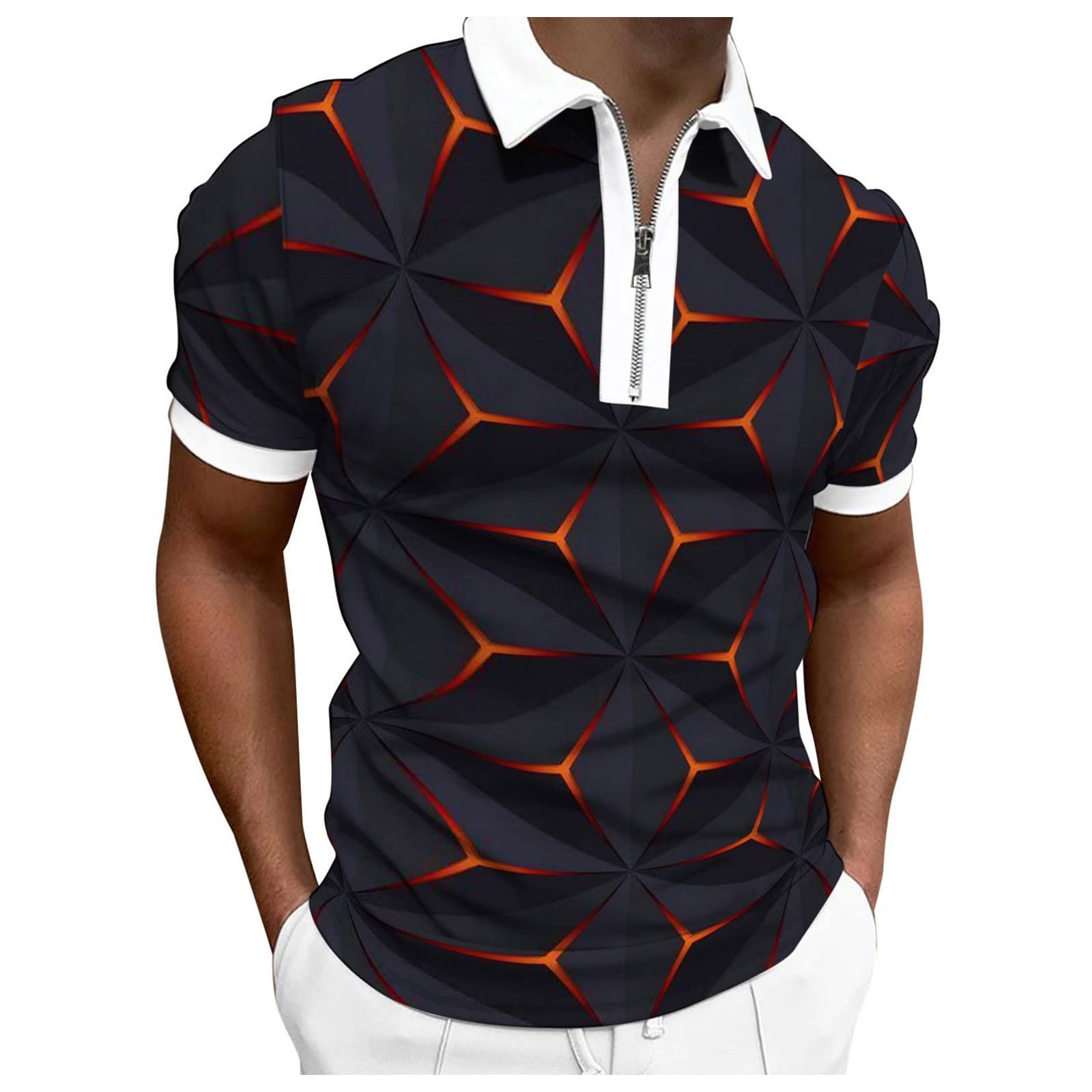 Men's Short Sleeve Zipper Polo Shirts - Casual Regular Fit Floral Collar Golf Shirts for Work, Golf & Summer Outfits | Breathable Comfort for Daily Wear