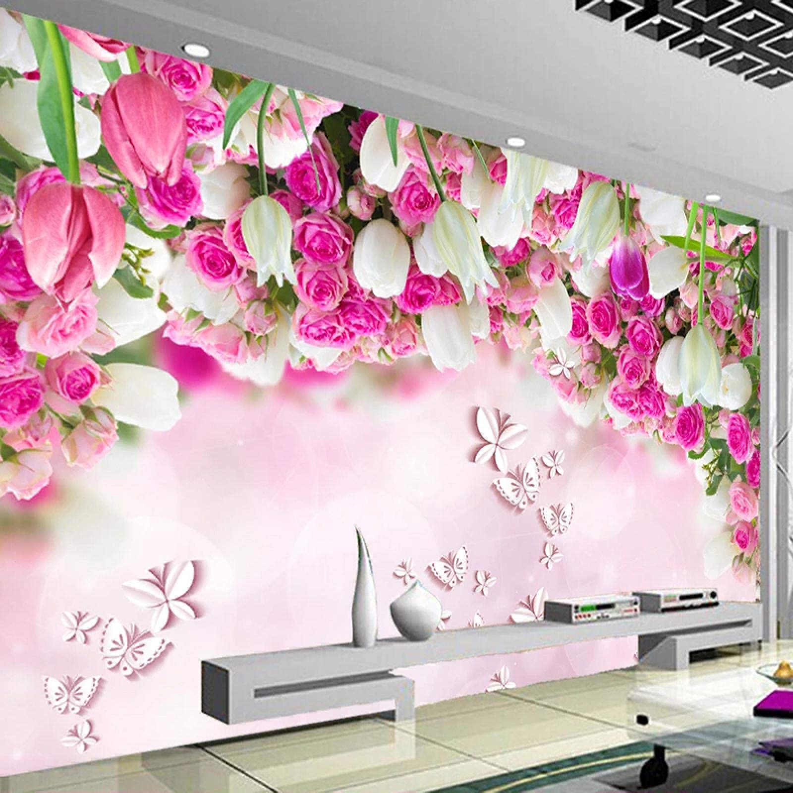3D Peel and Stick Wallpaper - Tulips, Red Roses & Butterflies Removable Wall Mural | Self-Adhesive Modern Wall Art for Living Room, Bedroom, Dining Room & Office Decor | Perfect for Home Renovation, Accent Walls & Rental Spaces
