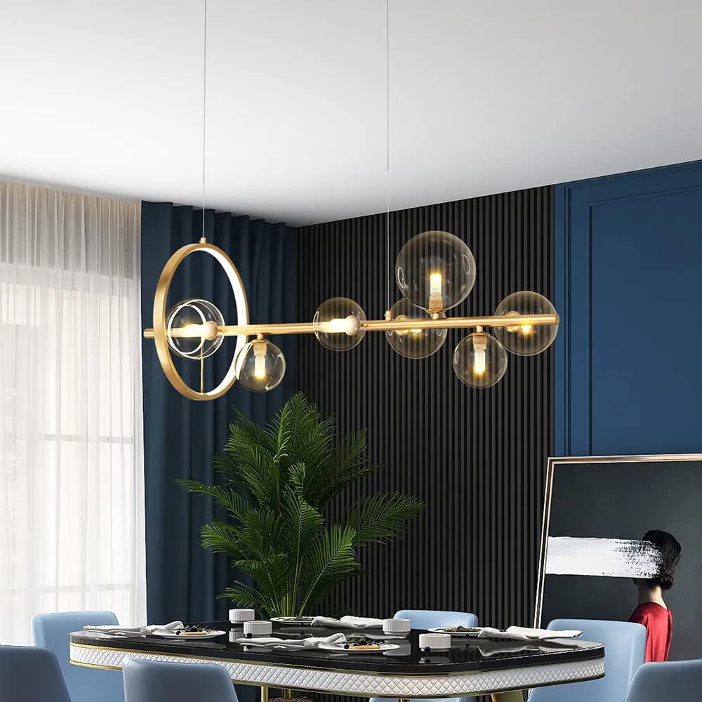 LOVEDIMA Gold Linear Lantern Pendant Lighting - Modern 7-Light Metal Kitchen Island Chandelier with Glass Globe Shade | Hanging Ceiling Light Fixture for Dining Room, Foyer & Farmhouse Decor