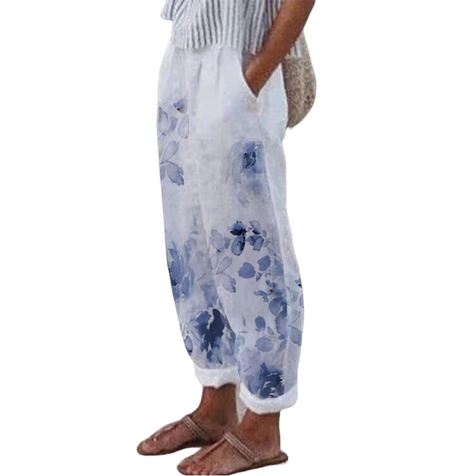 Women's Casual Cotton Linen Floral Printed Elastic Waist Cropped Pants with Pockets | Summer Boho Trousers for Travel, Beach & Everyday Wear