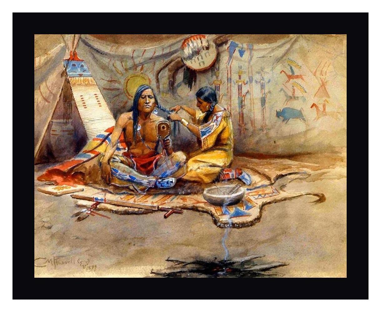 Indian Beauty Parlor by Charles M. Russell - 20x24 Inch Framed Canvas Wall Art Print - Black Wood Frame - Ready to Hang - Perfect for Living Room, Bedroom, or Office Decor