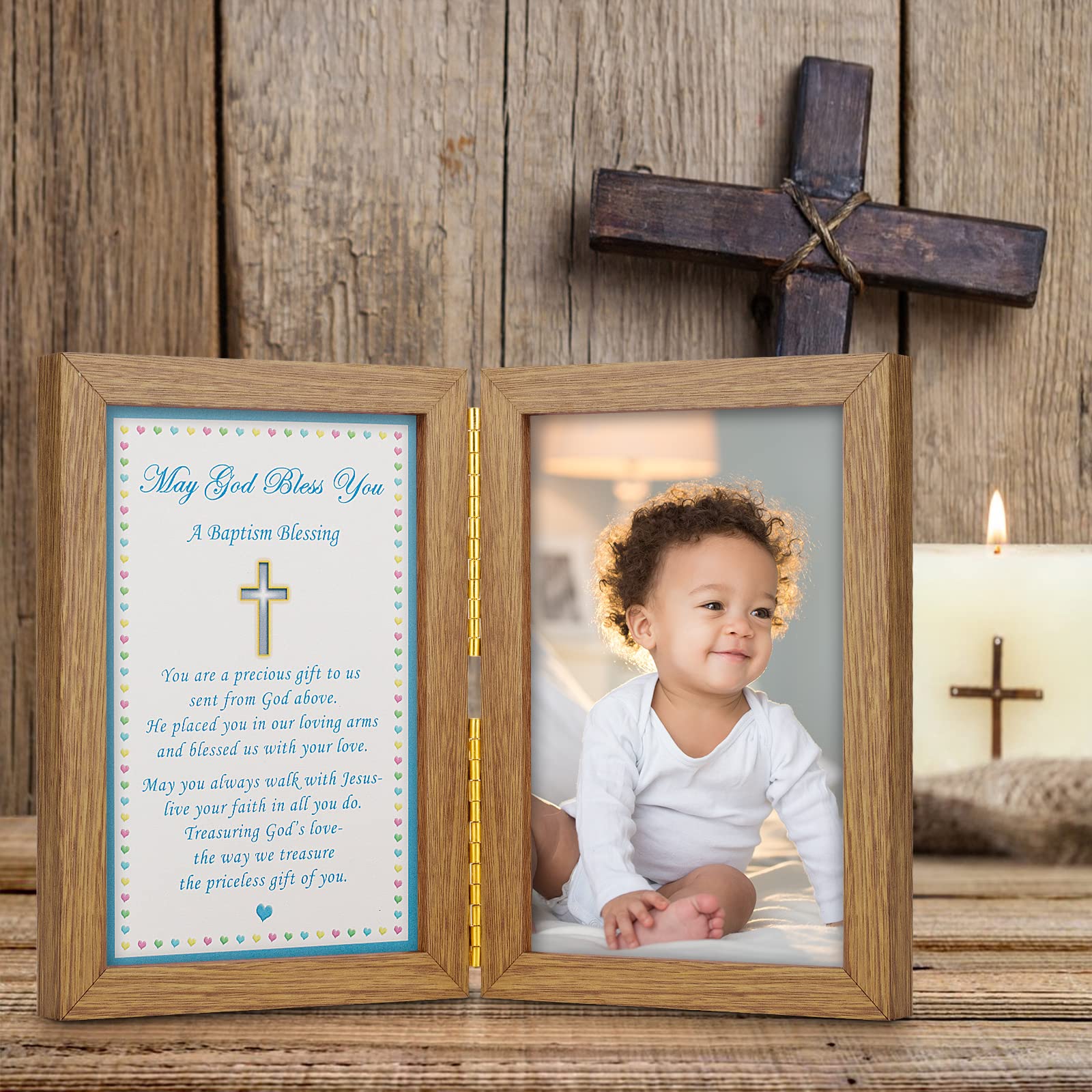 Yakucho Baptism Gifts for Boys - Baby Boy Christening Picture Frame with Blessing Card, Holds 4x6 Inch Photo, Double Frame Keepsake for Baptism Ceremony - Perfect for Baby's First Holy Sacrament, Church Celebrations & Family Memory Preservation