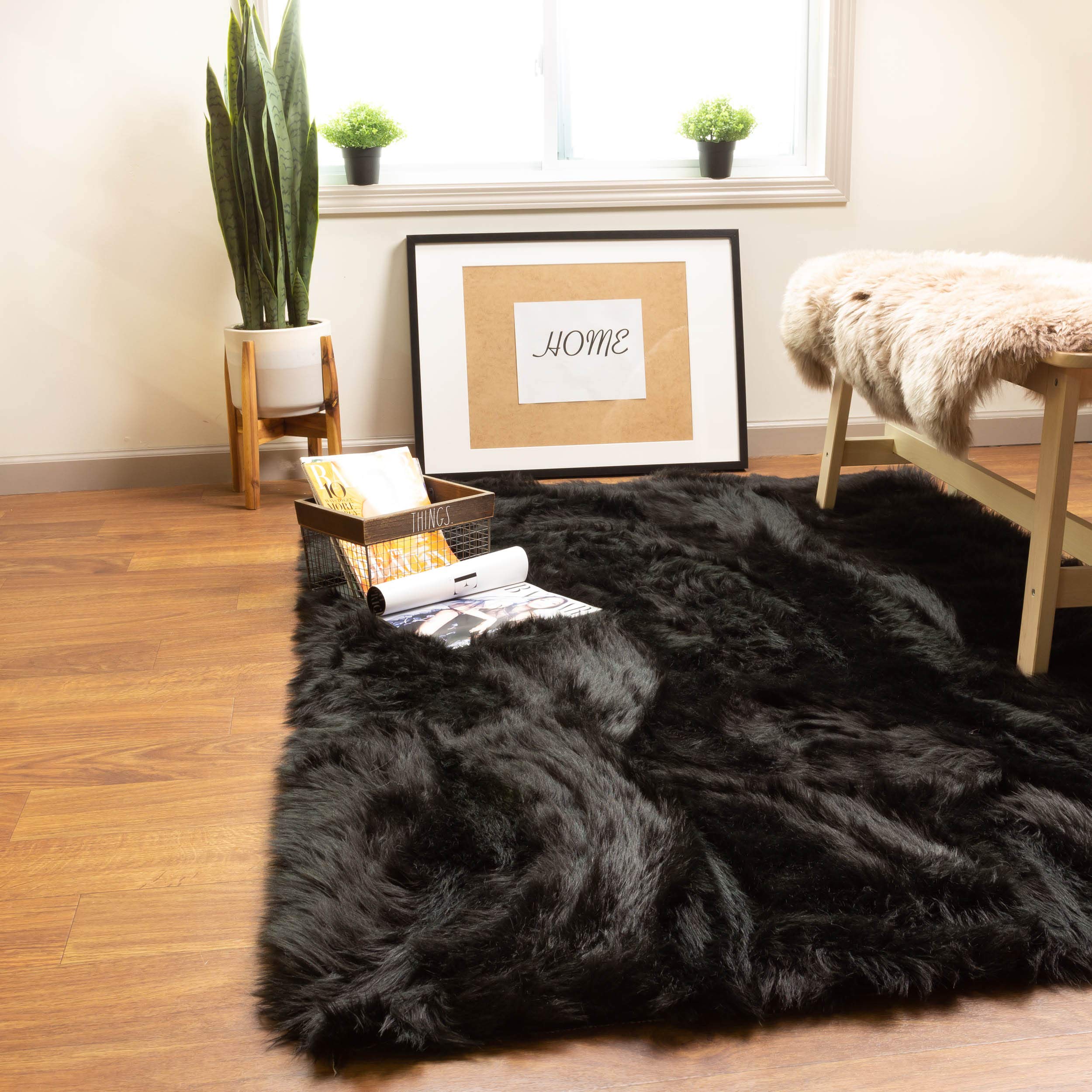 Premium Ultra Soft Fluffy Faux Sheepskin Area Rug - 3x5 Feet Black Shaggy Rug for Bedroom, Living Room, Nursery | Cozy Home Decor & Floor Mat for Cold Weather Comfort