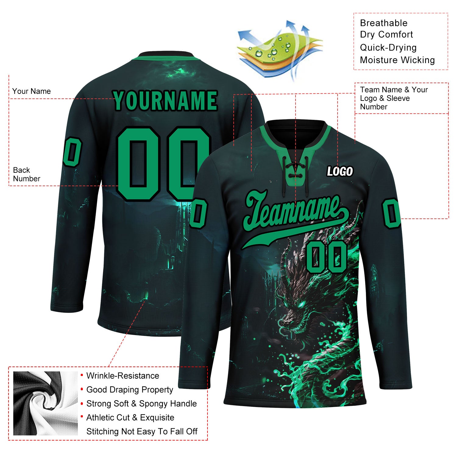 Custom Dark Gray Green Gothic Personalized Hockey Jersey HCKJ01 E0601 03 - Unique Sports Apparel for Ice Hockey, Cosplay & Gothic Fashion Enthusiasts