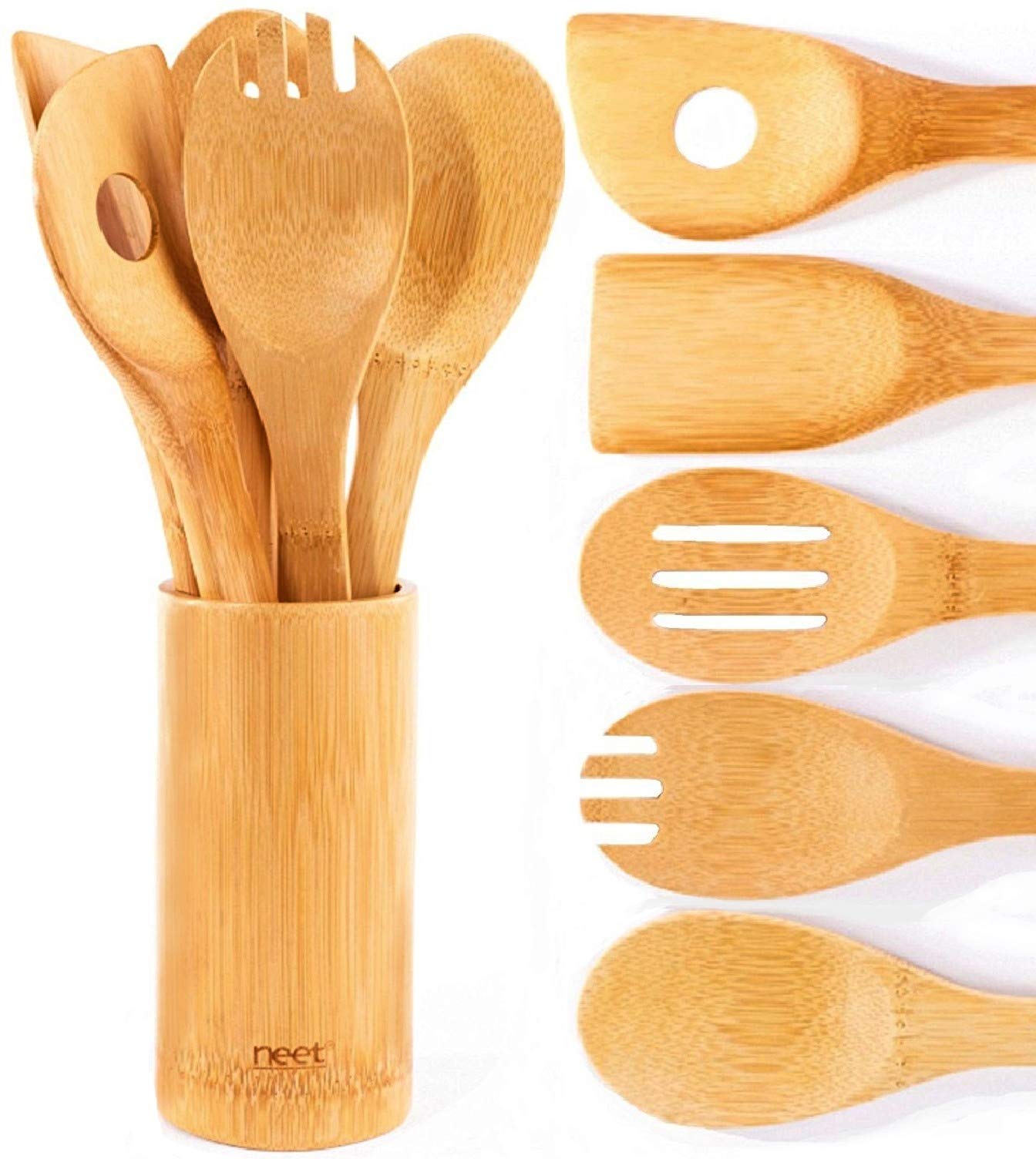 **6-Piece Organic Bamboo Cooking Utensil Set - Wooden Spoons & Spatula for Nonstick Cookware, High Heat Stirring - Includes Holder - Perfect for Everyday Use & Gifts (Ideal for Sauteing, Baking & Serving)**