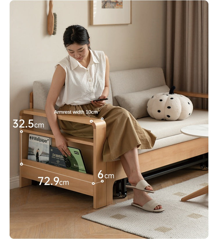 Solid Wood Sleeper Sofa - Beech & Oak Multi-Functional Convertible Sofa Bed for Living Room, Guest Room & Small Spaces