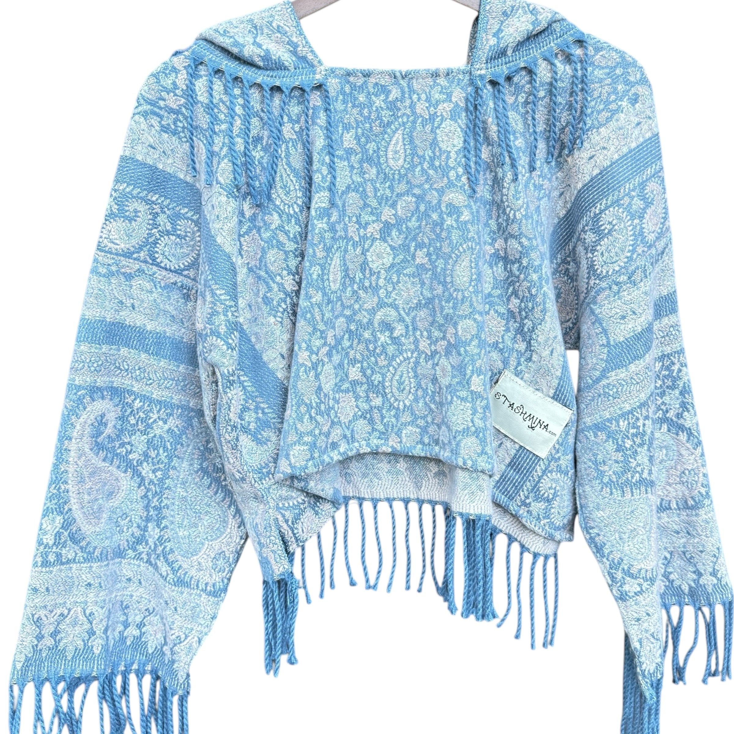 Soft Plush Pashmina Long Sleeve Crop Top - Blue Snowflake Print | Cozy Winter Fashion for Casual Outings & Holiday Parties