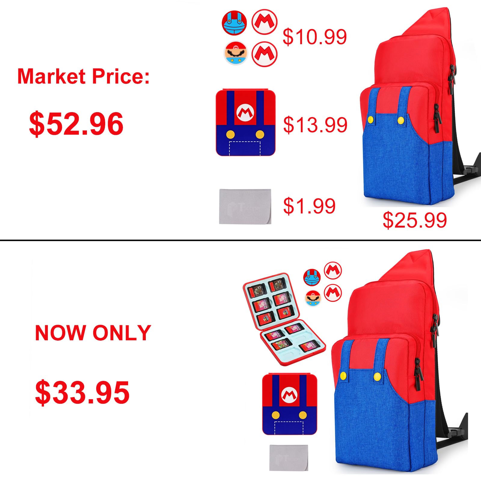 Nintendo Switch/Lite/OLED Travel Bag - Super Mario Portable Gaming Sling Backpack with Chest/Shoulder Strap, Game Card Case & 4 Thumb Grip Caps - Perfect for Travel, Commuting & Gaming On-The-Go