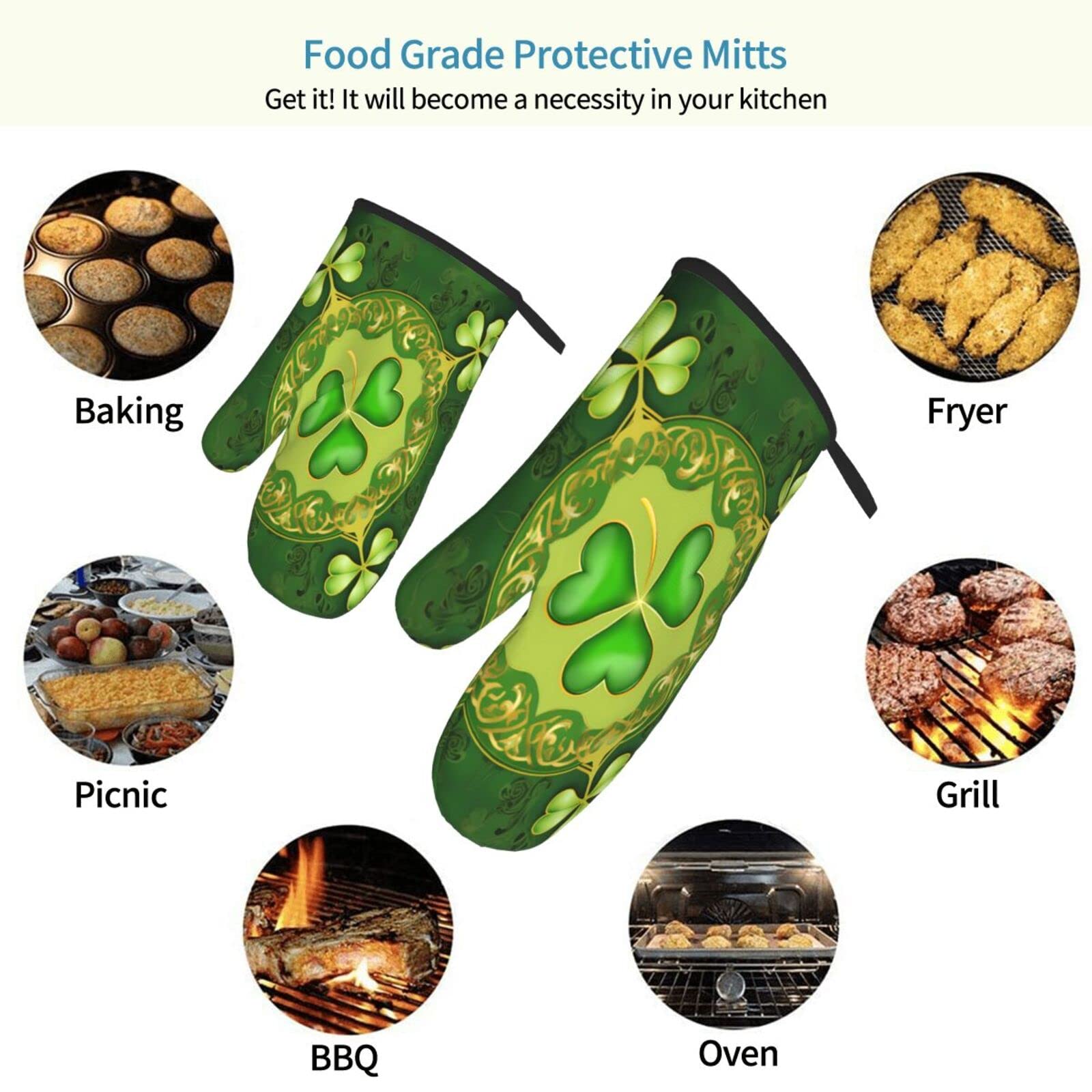 2-Piece Green Shamrock Clover Oven Mitts Set - Heat Resistant Baking Gloves for Cooking, BBQ, Grilling & Kitchen Use - Perfect for St. Patrick's Day & Holiday Baking