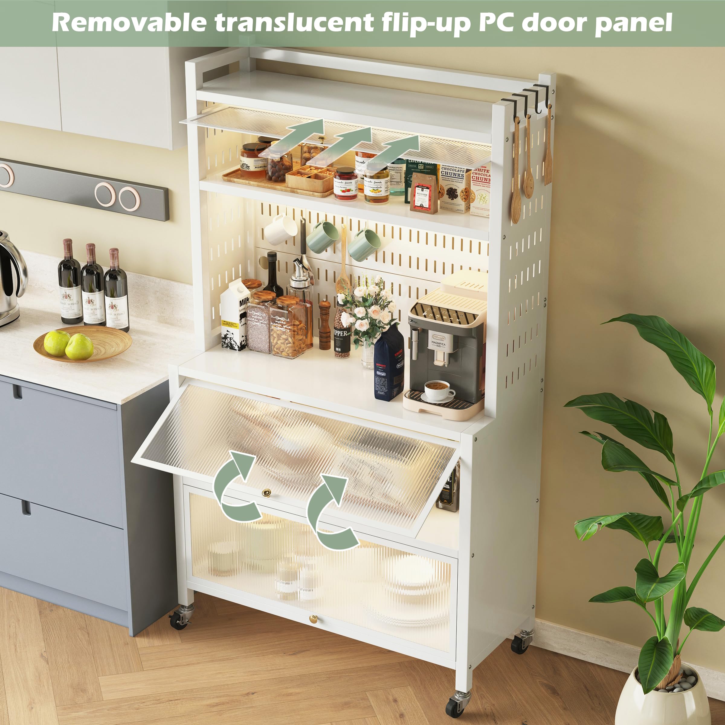 COVAODQ 5-Tier Kitchen Baker's Rack with Flip Door Cabinet & Pegboard Accessories - Microwave Stand for Garage, Pantry & Home Kitchen Organization - Perfect for Small Spaces, Baking Storage & Appliance Placement