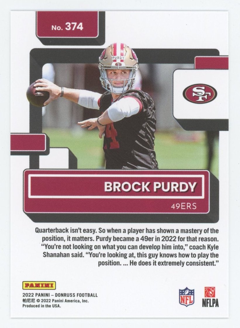 2022 Panini Donruss Brock Purdy Gold Press Proof Rated Rookie Football Card - Collectible Sports Memorabilia for NFL Fans and Trading Card Enthusiasts