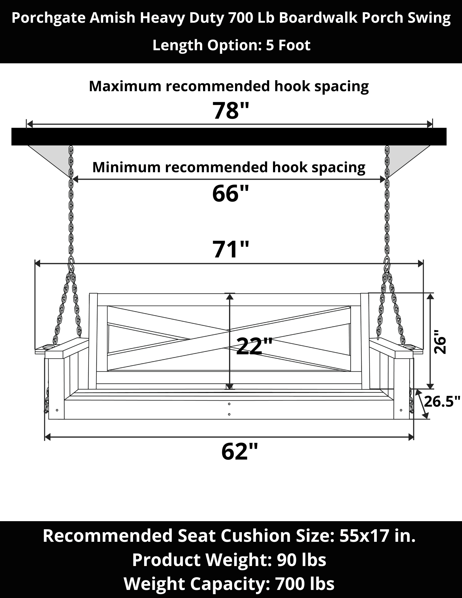 Amish-Made Heavy Duty 700 lb Capacity 5-Foot Porch Swing - Solid Oak with Premium Stain | Perfect for Outdoor Patio, Garden, Backyard Relaxation & Porch Decor