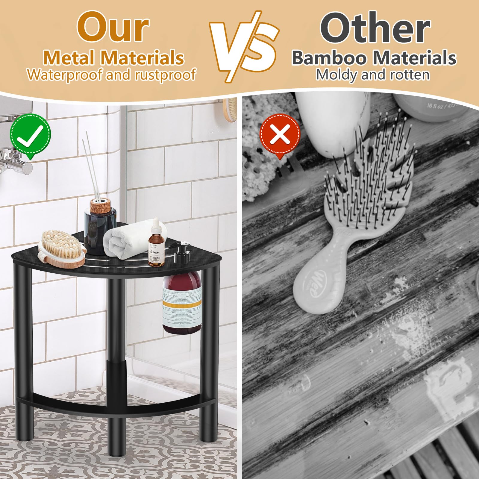 YUOROS Metal Shower Bench - Waterproof Shaving Stool with Non-Slip Feet for Elderly & Disabled - Compact Corner Shower Seat for Bathroom Safety (Ideal for Leg Shaving, Foot Care & Relaxation)