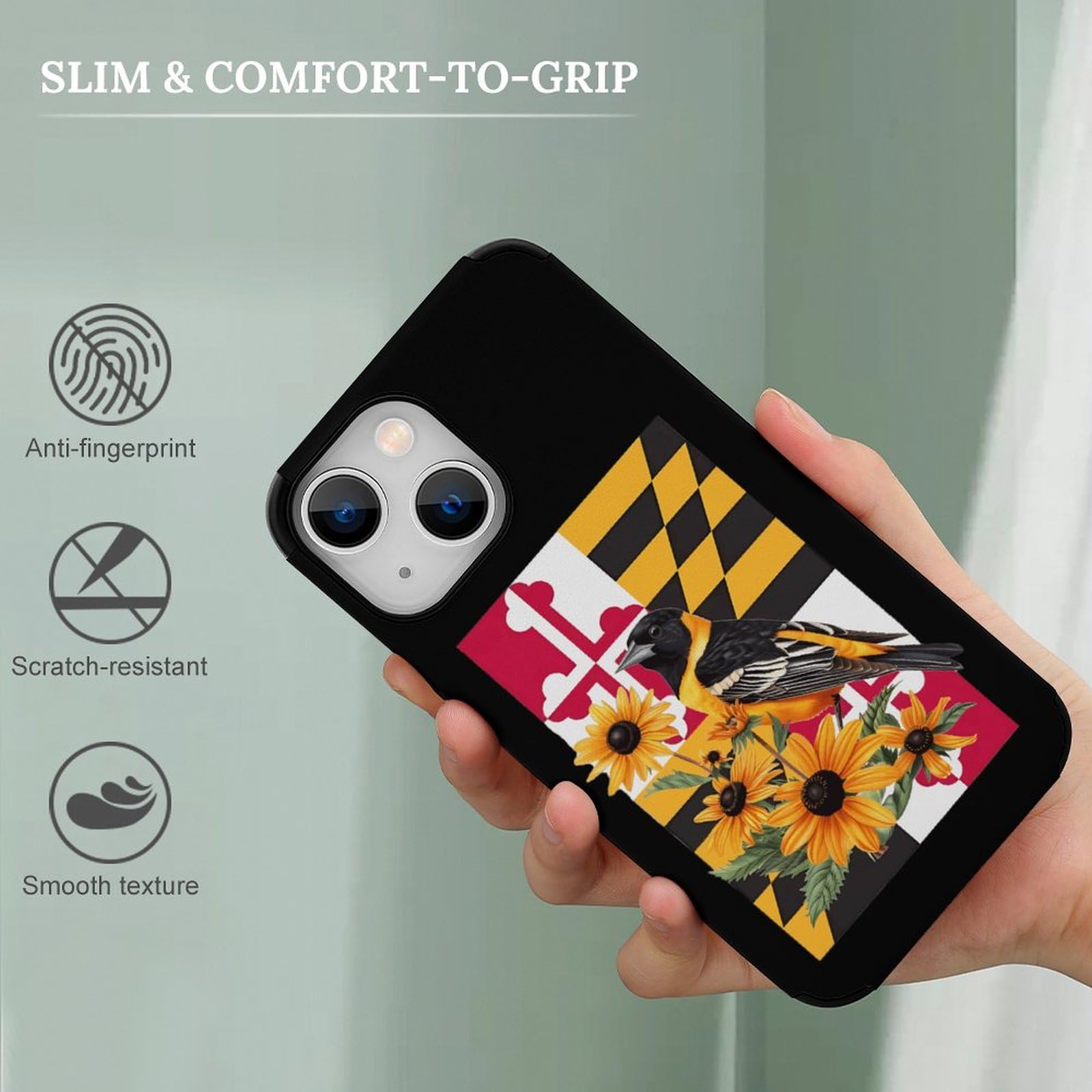 Maryland State Flag iPhone 13 Case - Baltimore Oriole Bird & Black-Eyed Susan Flower Design | Carbon Fiber Shockproof Protective Cover for iPhone 13 Mini/13/13 Pro/13 Pro Max | Perfect for Outdoor Activities & Travel