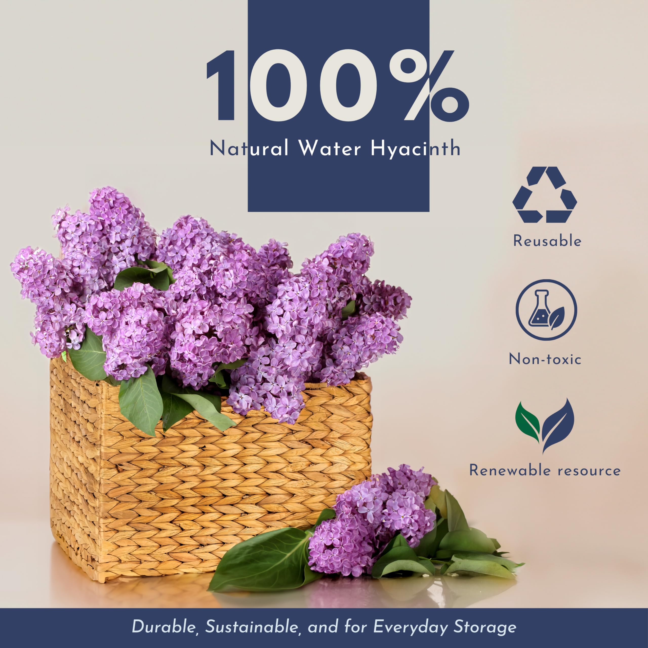 12x12 Foldable Handwoven Water Hyacinth Storage Basket - Natural Wicker Cube Organizer for Shelves, Laundry & Home Decor with Built-In Handles | Perfect for Bedroom Closet, Bathroom Towels & Nursery Organization