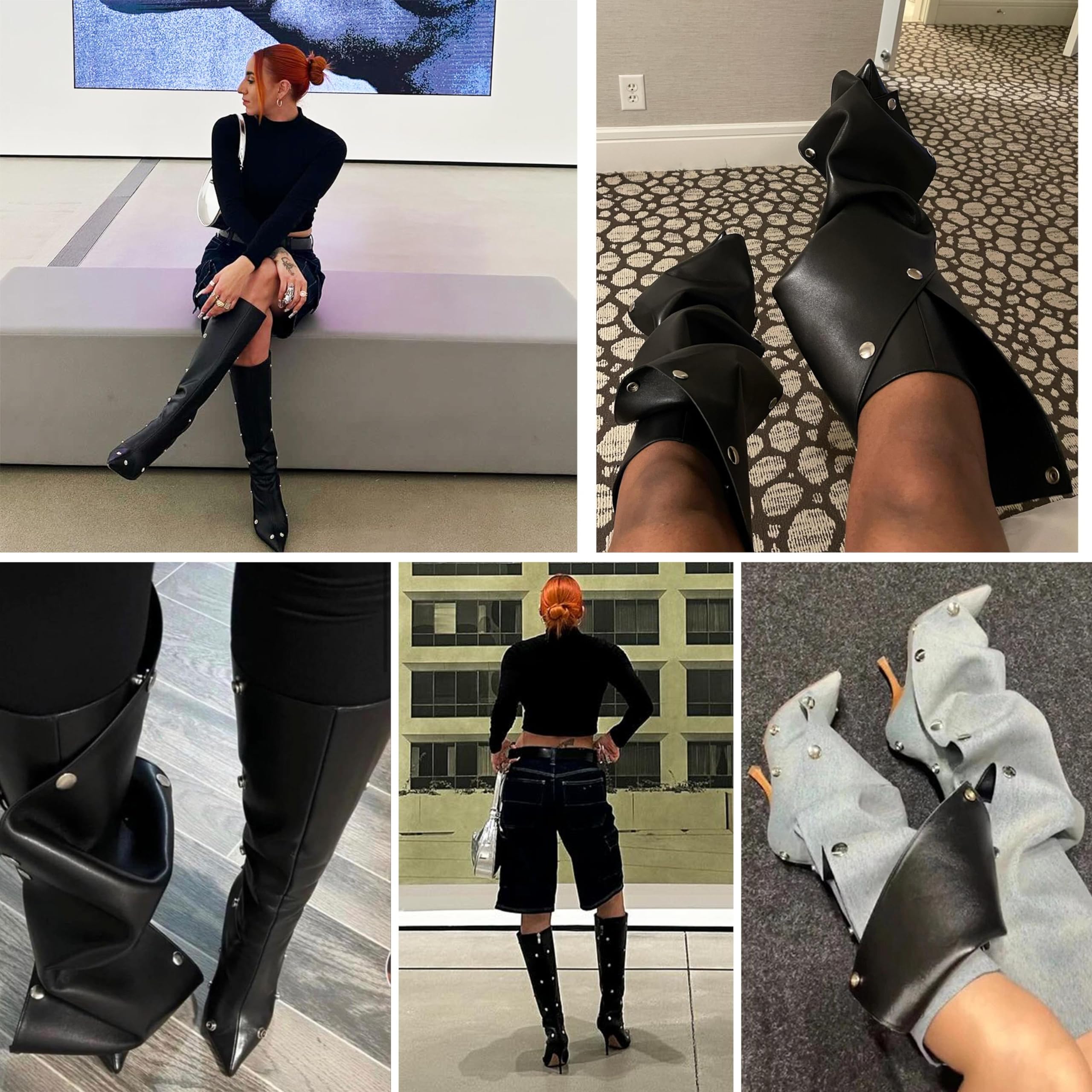 AMINUGAL Women's Knee High Boots - Pointed Toe Stiletto Heels, Wide Calf & Ruched Design with Detachable Buttons | Black Fashion Boots for Office, Party & Night Out