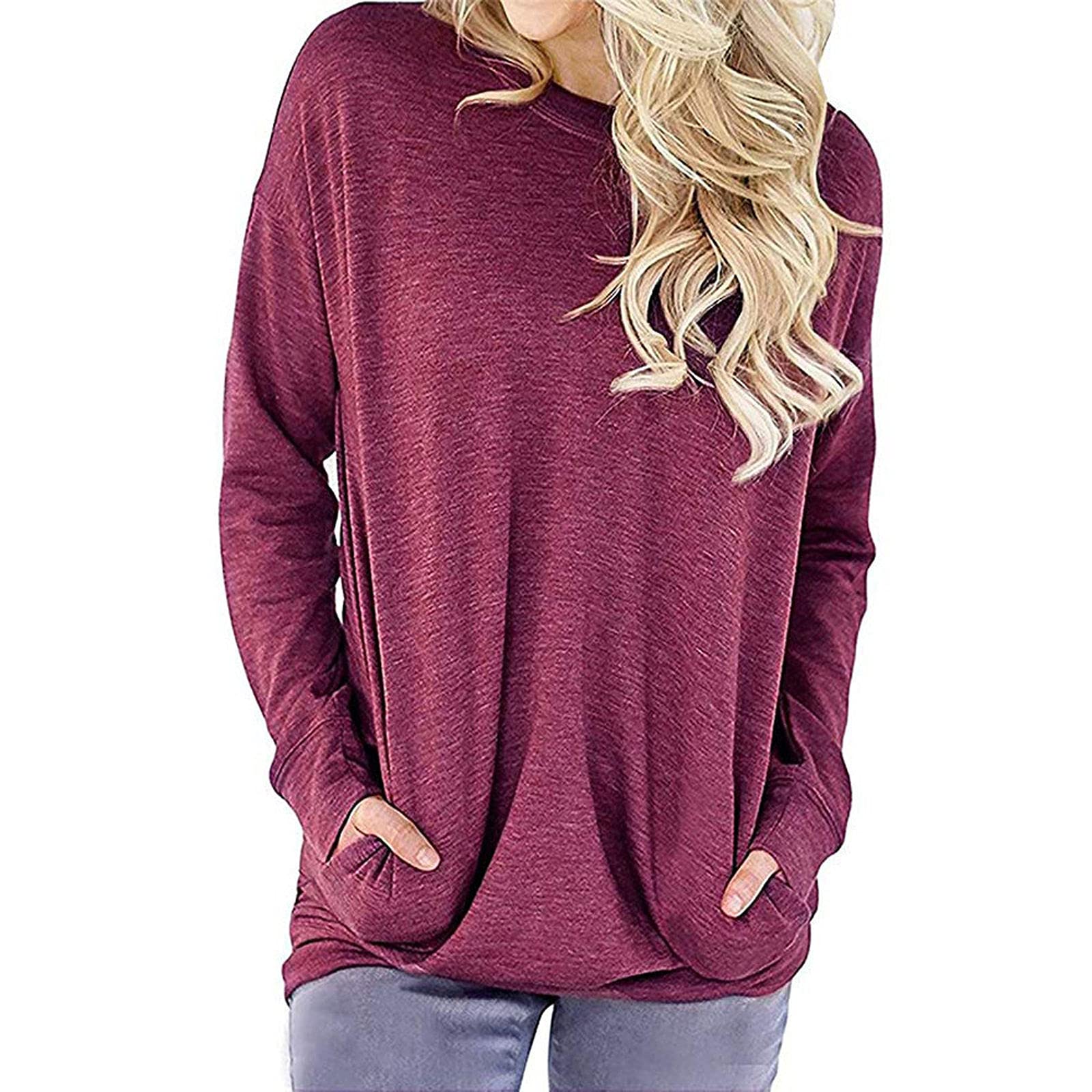 YHAIOGS WUWUTOU Women's Casual Pocket Sweatshirt - Soft Loose Fit Tunic Top, Comfy Baggy Blouse Tee for Everyday Wear, Lounge & Outings