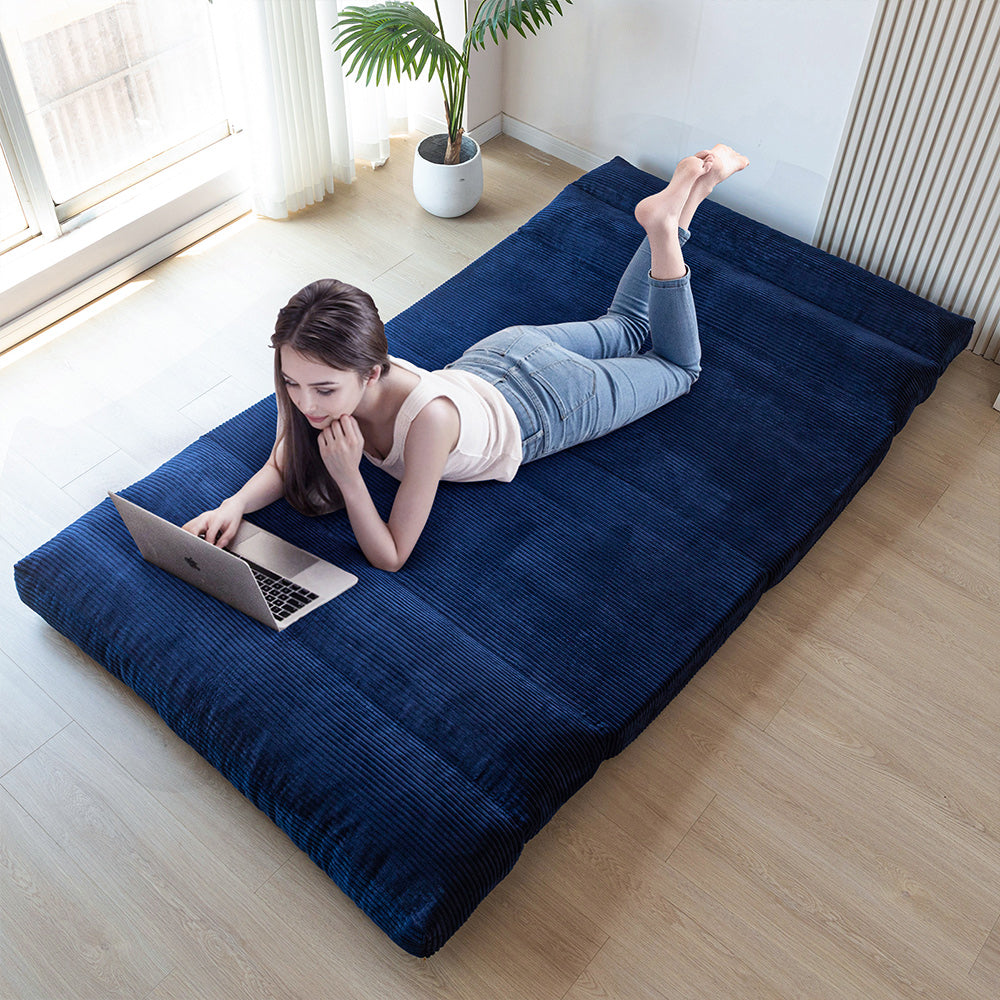 MAXYOYO Folding Sofa Bed - Extra Wide Corduroy Floor Mattress in Navy Blue | Convertible Sleeper for Small Spaces, Guest Room & Dorm | Comfortable Lounge Sofa for Living Room, Bedroom & Apartment