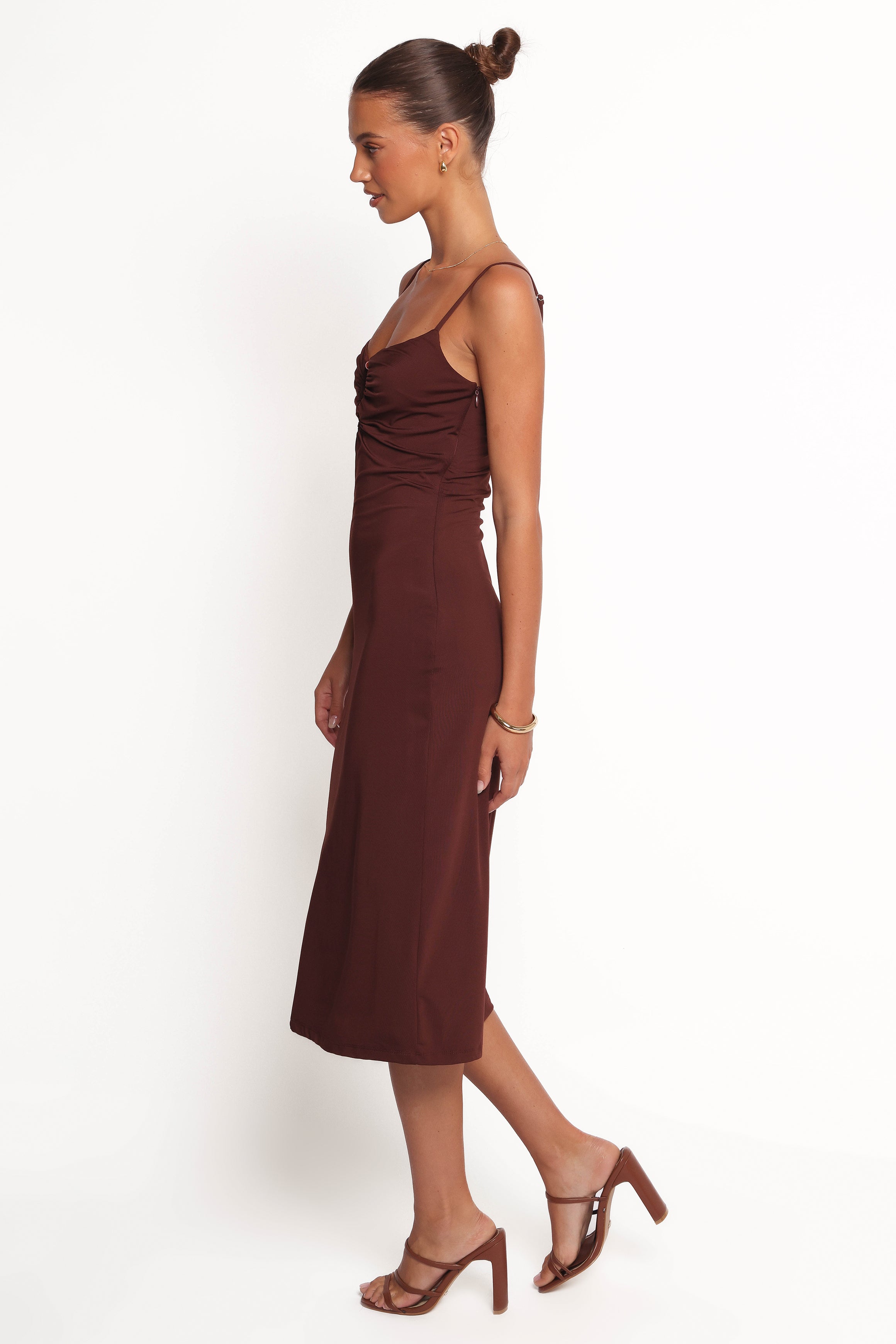 Elegant Ashy Brown Midi Dress for Women - Casual & Formal Occasions | Perfect for Office, Parties & Date Nights