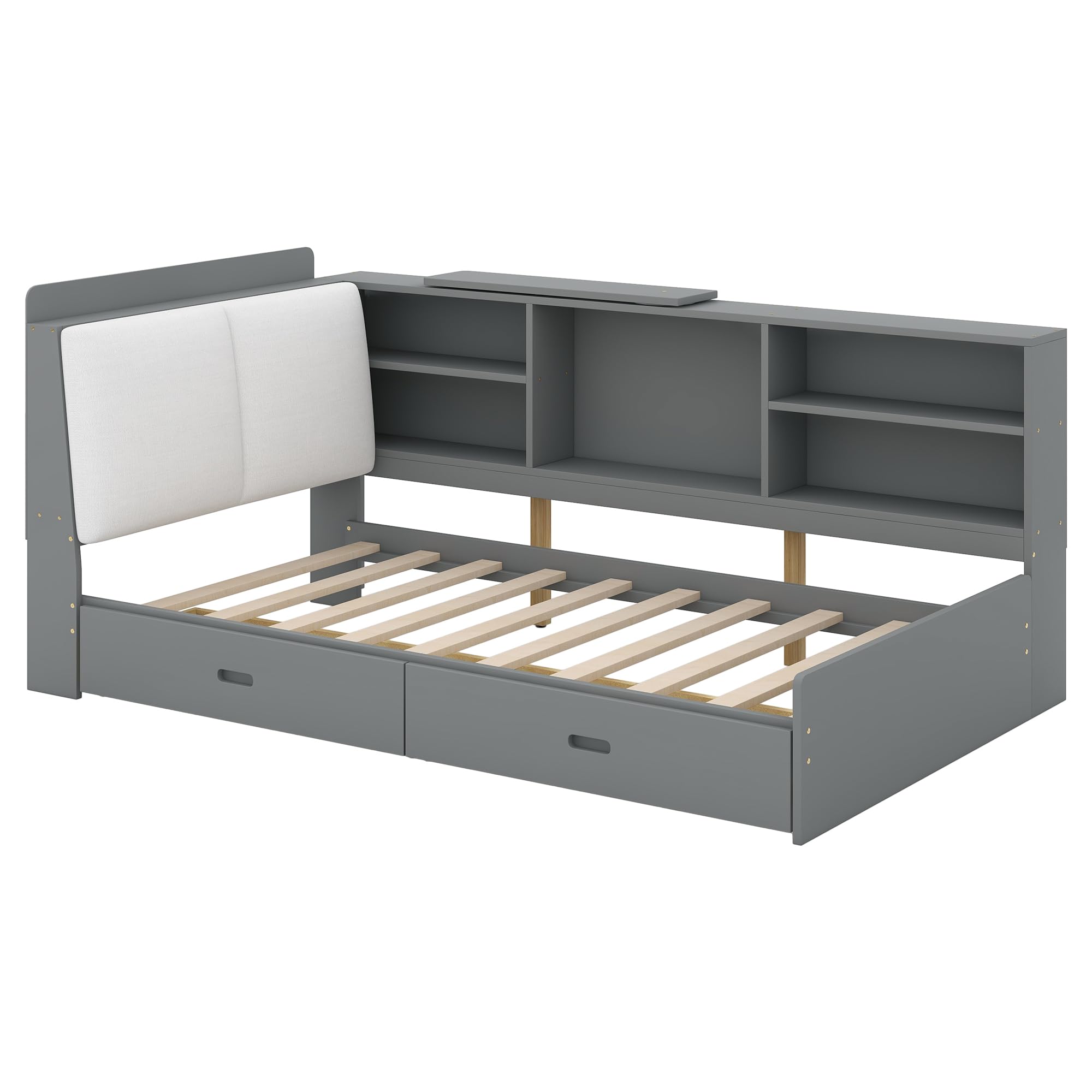 Harper & Bright Designs Twin Platform Bed with Storage Headboard, Shelves & 2 Drawers - Wooden Twin Storage Bed Frame with L-Shaped Bookcase, Gray - Perfect for Kids' Bedroom, Guest Room & Small Space Organization
