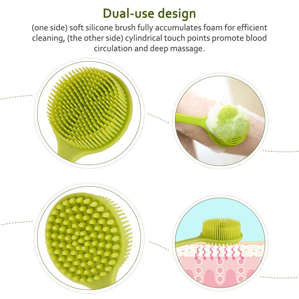 HARI - Long Handle Silicone Bath Body Brush Exfoliator with Soft Bristles, Back Scrubber for Shower (Green) - Perfect for Deep Cleansing & Exfoliating in Bath or Shower