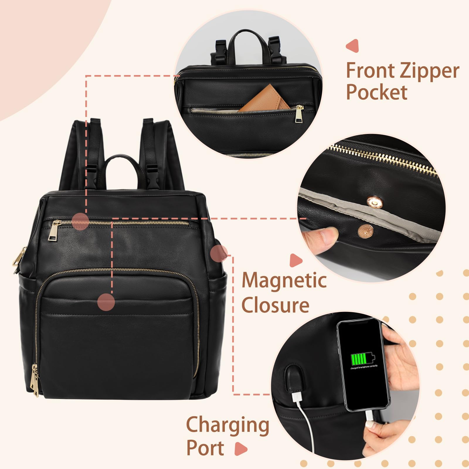 Premium Leather Diaper Backpack for Baby Essentials - 18 Pockets, 6 Insulated Compartments, USB Charging Port & Stroller Straps | Large Travel Diaper Bag with Changing Pad (Black) | Perfect for Moms, Dads & Daycare Use