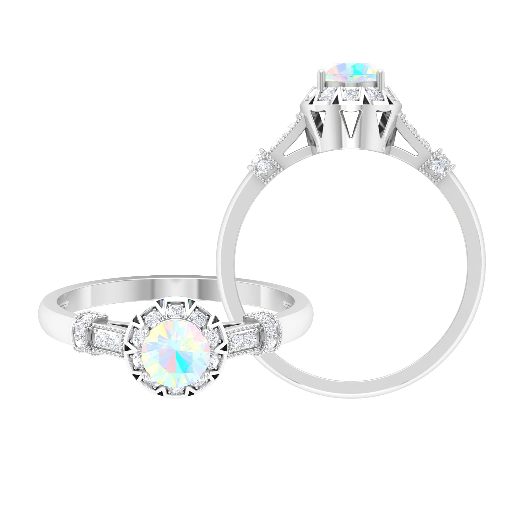 14K Solid Gold Ethiopian Opal Engagement Ring with Diamond Halo - 5MM Round Cut Vintage Style for Wedding, Anniversary & Special Occasions