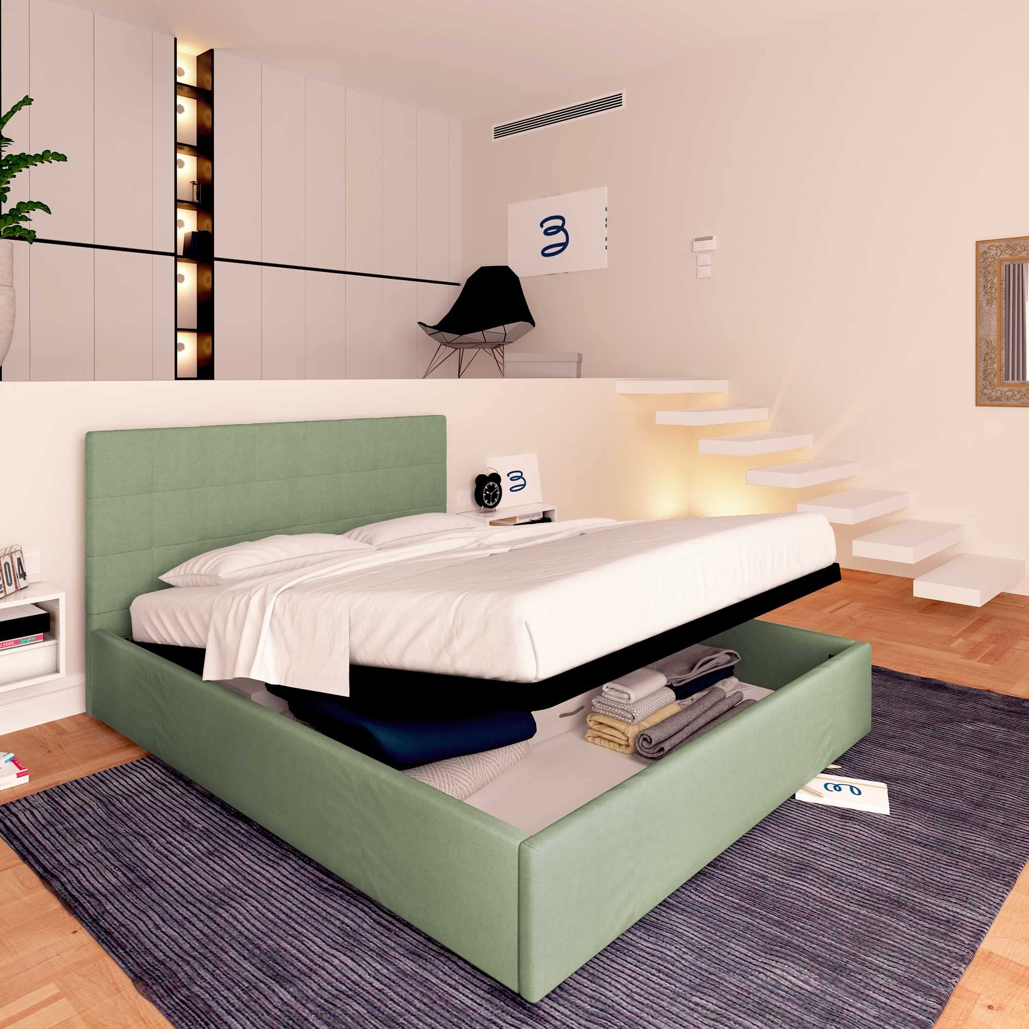 Baldiflex Square and Half Bed with Dublin Fabric Storage, Slatted Base, for Single Mattresses, 120 x 190 cm, Elegant Mint Green Headboard – Perfect for Small Bedrooms, Guest Rooms, and Studio Apartments
