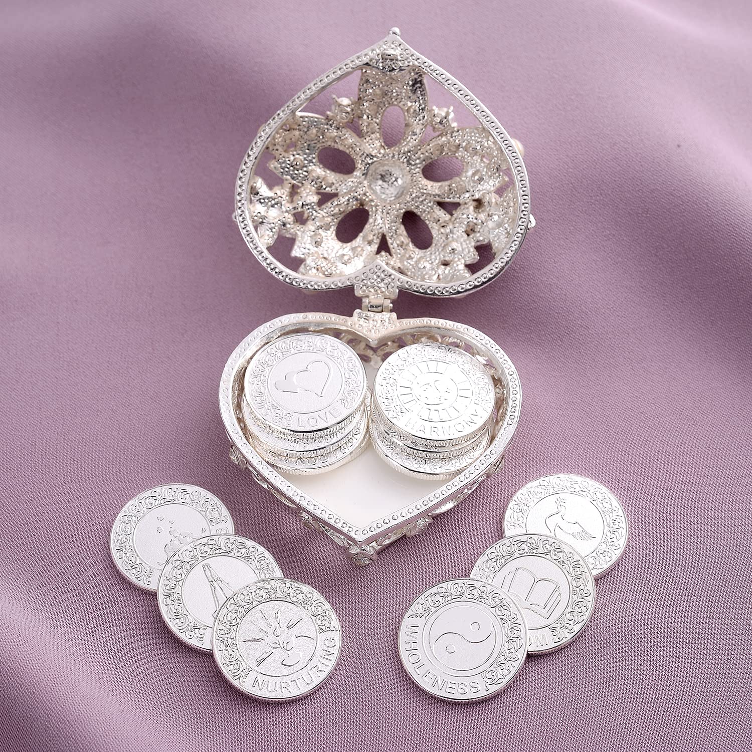 TINGKU English Silver Wedding Coins - Pearl & Crystal Heart Jewelry Box - Arras de Boda Unity Coins Set - Perfect for Wedding Ceremony Souvenirs & Anniversary Gifts