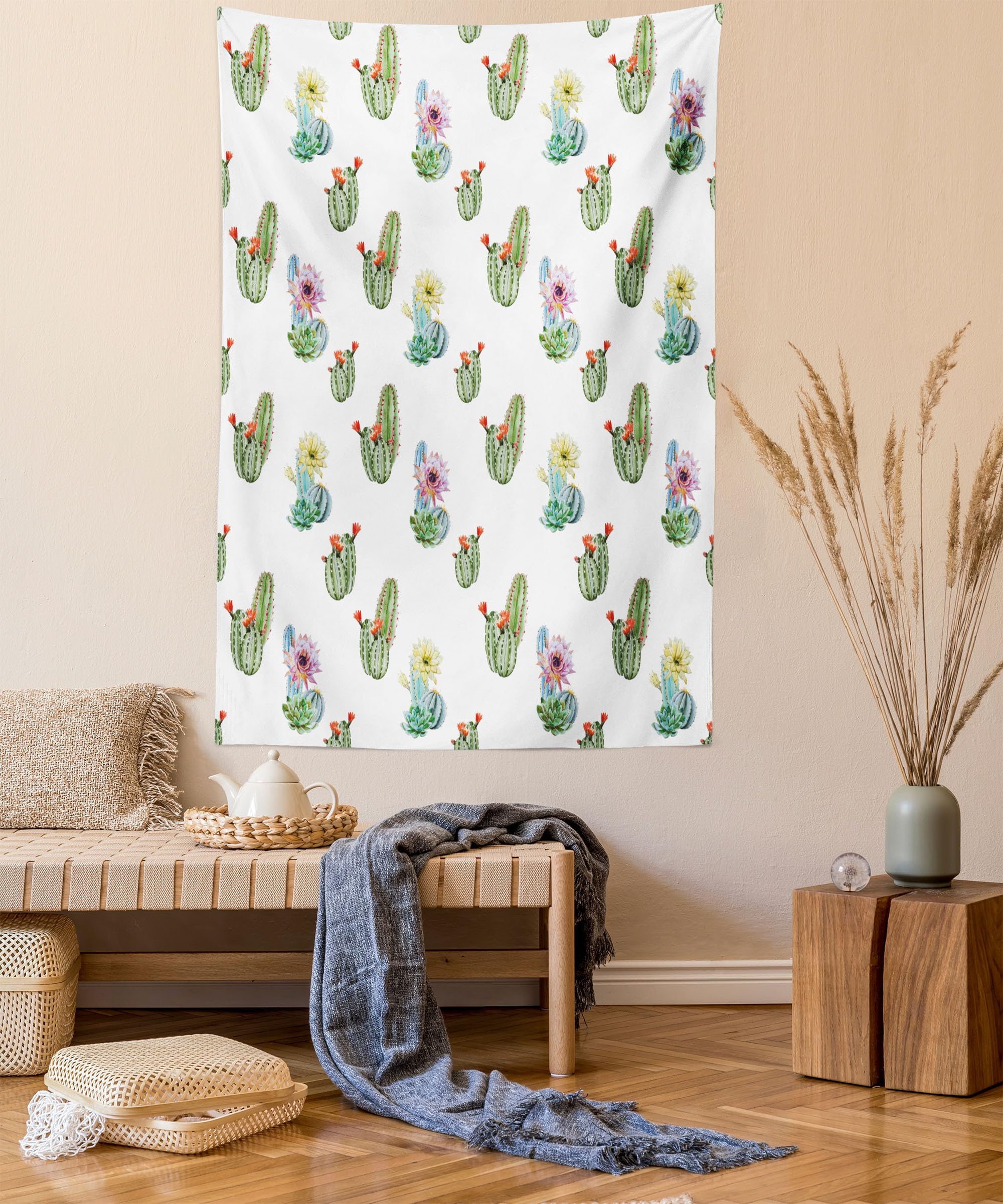 Ambesonne Queen Size Cactus Tapestry - Vintage Hawaiian Nature Wall Hanging with Succulent & Cactus Bouquet Design, Multicolor Bedspread & Wall Decor for Bohemian Bedroom, Dorm Room or Living Space