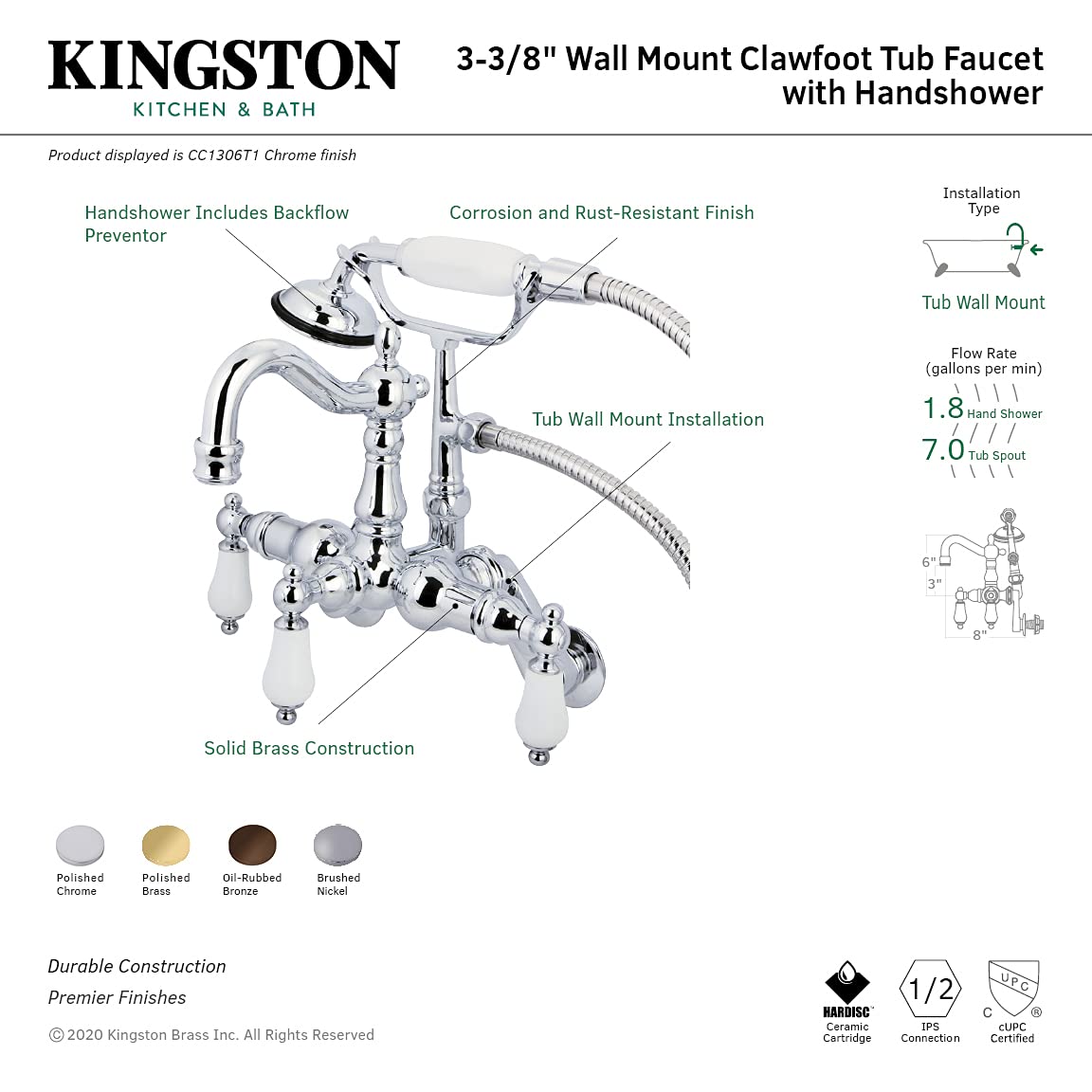 Kingston Brass CC1306T1 Heritage Vintage Leg Tub Filler with Hand Shower - Polished Chrome Finish, Hot & Cold Porcelain Lever Handle - Perfect for Vintage Bathroom Renovations and Luxury Bathtub Upgrades