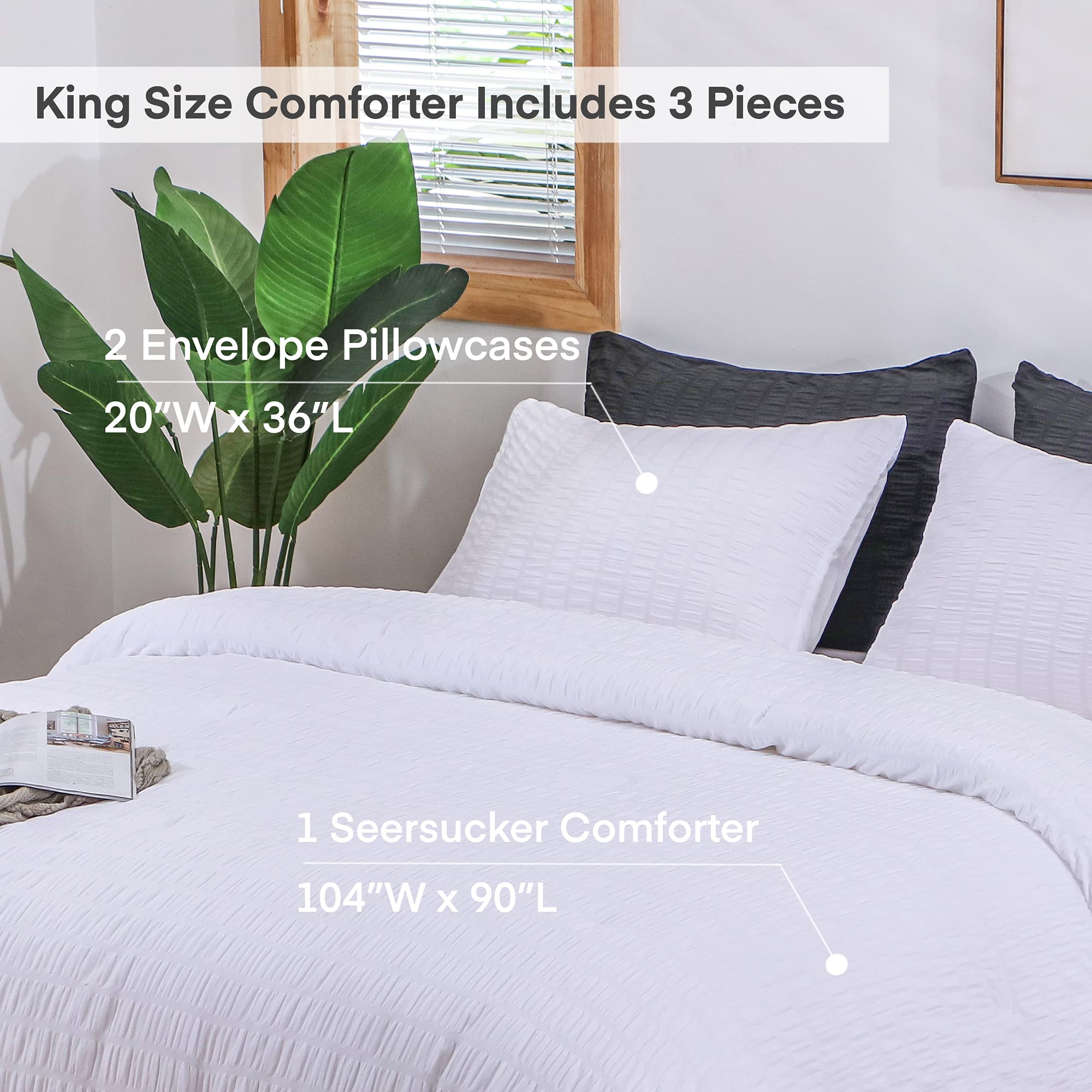 AveLom Seersucker King Comforter Set (104x90 inches) - 3 Piece 100% Soft Washed Microfiber Lightweight Bedding Set with 2 Pillowcases | All Season Down Alternative Duvet Cover | Perfect for Master Bedroom, Guest Room & Dorm | White