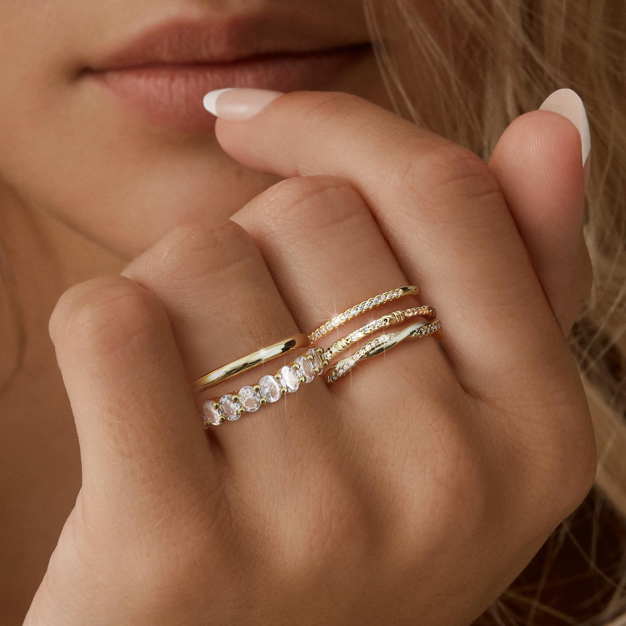 14K Gold Plated Stackable Rings for Women - 5PCS Non-Tarnish Dainty Cubic Zirconia Wedding Band Set | Trendy Statement Jewelry for Everyday Wear, Stacking & Special Occasions